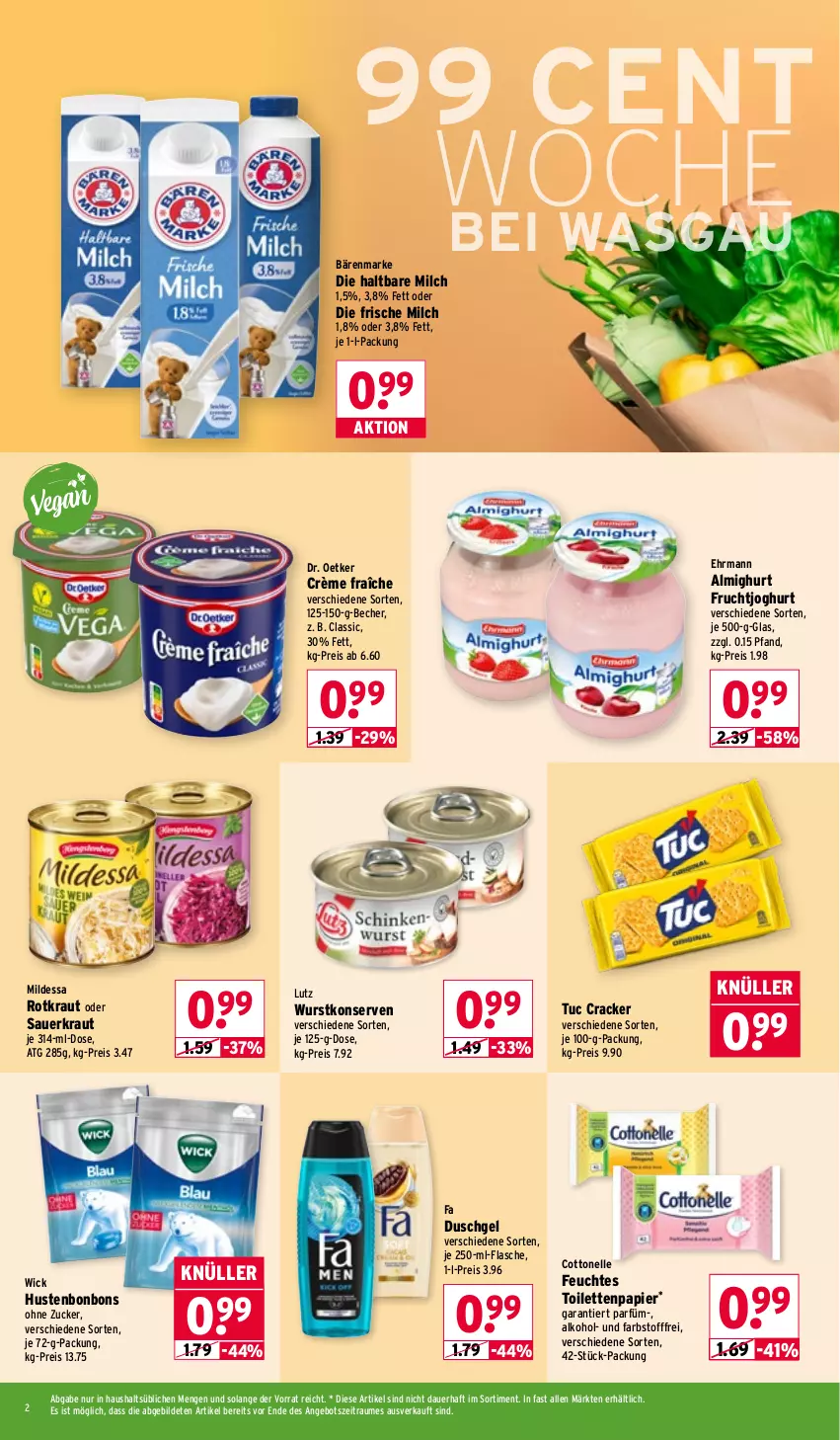 Aktueller Prospekt Wasgau - von 19.01 bis 24.01.2026 - strona 2 - produkty: alkohol, almighur, almighurt, angebot, auer, bärenmarke, Becher, bonbons, cottonelle, cracker, crème fraîche, Dr. Oetker, duschgel, ehrmann, eis, elle, fa duschgel, feuchtes toilettenpapier, flasche, frische milch, frucht, fruchtjoghurt, haltbare milch, Hustenbonbons, joghur, joghurt, Konserven, Kraut, milch, papier, reis, Sauerkraut, Ti, toilettenpapier, tuc, WICK, wurst, wurstkonserven, zucker