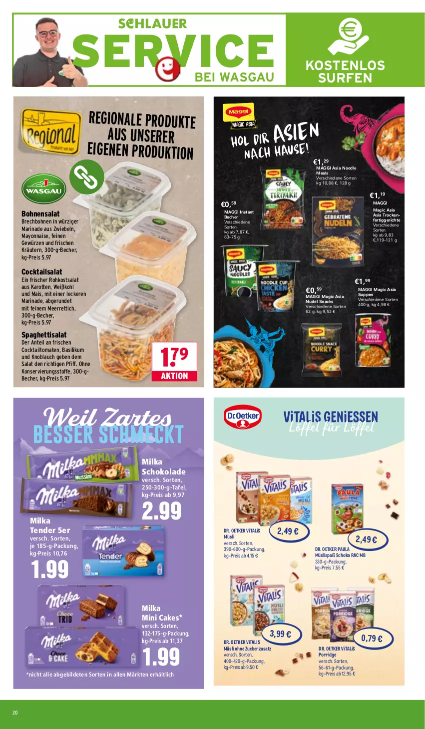 Aktueller Prospekt Wasgau - von 19.01 bis 24.01.2026 - strona 20 - produkty: basilikum, Becher, bohne, bohnen, Bohnensalat, cocktail, cocktails, Dr. Oetker, eis, fertiggericht, fertiggerichte, gewürz, karotten, knoblauch, kräuter, kräutern, maggi, mais, marinade, mayonnaise, meerrettich, milka, milka schokolade, müsli, nudel, Paula, porridge, reis, Rettich, salat, schoko, schokolade, snack, snacks, spaghetti, suppe, suppen, Surf, tender, Ti, tomate, tomaten, vita, vitalis, vitalis müsli, Weißkohl, Yo, zucker, zwiebel, zwiebeln