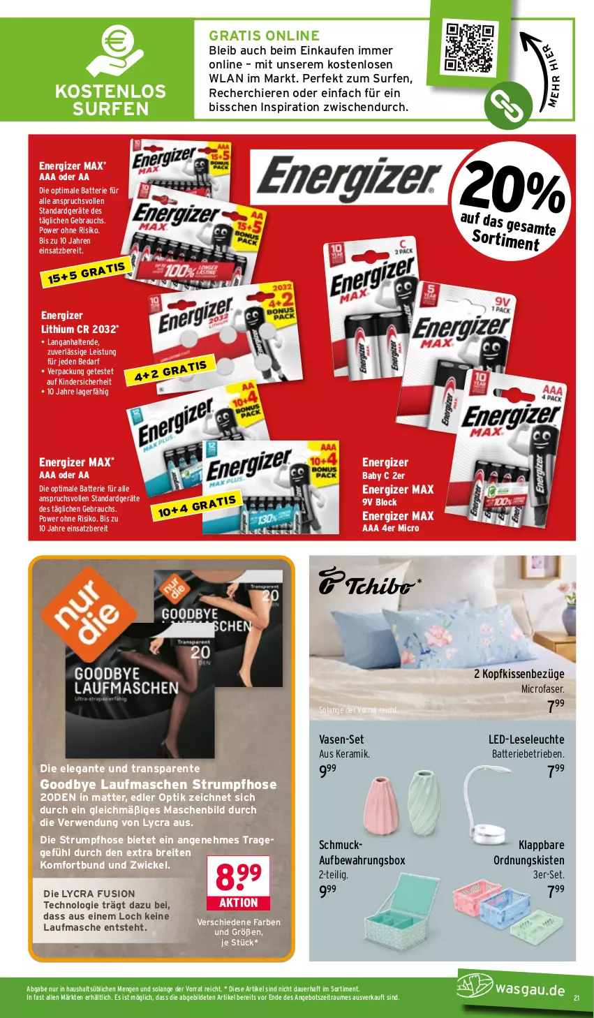 Aktueller Prospekt Wasgau - von 19.01 bis 24.01.2026 - strona 21 - produkty: angebot, auer, aufbewahrungsbox, batterie, Brei, eis, energizer, ente, hose, Kinder, kissen, kopfkissen, Leuchte, Rauch, rum, rwe, Schmuck, Strumpfhose, Surf, Ti, Vase, WICK
