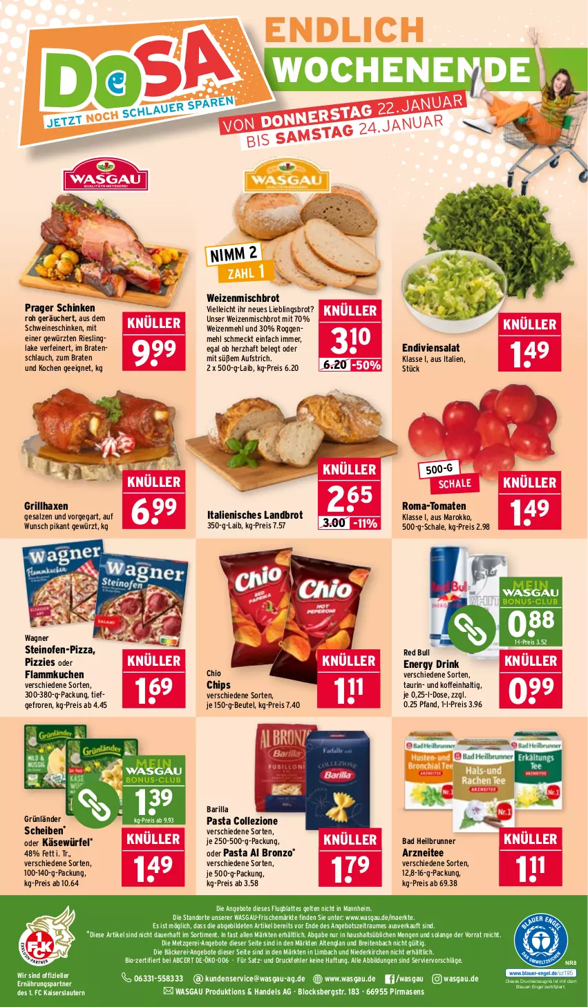 Aktueller Prospekt Wasgau - von 19.01 bis 24.01.2026 - strona 24 - produkty: angebot, angebote, auer, aufstrich, axe, Bad, barilla, beutel, bio, braten, Brei, brot, chio chips, chips, drink, drucker, eis, elle, energy drink, Engel, flammkuchen, gewürz, grill, grillhaxe, grünländer, Haxe, Kaiser, Käse, kerze, kuchen, lamm, latte, mehl, Nimm 2, Ofen, pasta, pizza, red bull, reis, riesling, salat, salz, Schal, Schale, schinken, schlauch, schwein, schweine, steinofen, tee, Ti, tomate, tomaten, wagner, wein, weine, weizenmehl, weizenmischbrot, würfel, ZTE