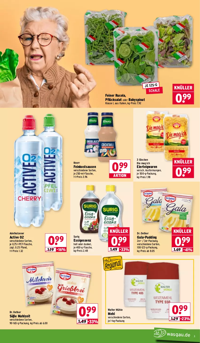 Aktueller Prospekt Wasgau - von 19.01 bis 24.01.2026 - strona 3 - produkty: adelholzener, Babyspinat, cola, Dr. Oetker, eier, eis, essig, feinkost, flasche, Holz, knorr, mehl, pet-flasche, pudding, reis, rucola, salat, sauce, saucen, Schal, Schale, spinat, teigwaren, Ti