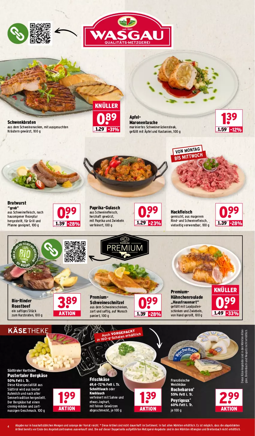 Aktueller Prospekt Wasgau - von 19.01 bis 24.01.2026 - strona 4 - produkty: angebot, angebote, apfel, auer, beef, Bergkäse, bio, braten, bratwurst, Brei, eis, fleisch, frischkäse, für grill und pfanne, gewürz, grill, grill und pfanne, gulasch, hackfleisch, hackfleisch gemischt, hartkäse, joghur, joghurt, Käse, käsetheke, knoblauch, kräuter, kräutern, mac, milch, mit paprika, nuss, paprika, pfanne, pute, Putenschinken, rezept, rind, rinder, roastbeef, Rückensteak, rwe, saft, sahne, schinken, schnittlauch, schnitzel, schwein, schweine, schweinefleisch, schweinenacken, schweinerücken, schweineschnitzel, Spezi, steak, südtiroler, Tasche, Ti, und pfanne, weichkäse, wein, weine, wurst, zwiebel, zwiebeln