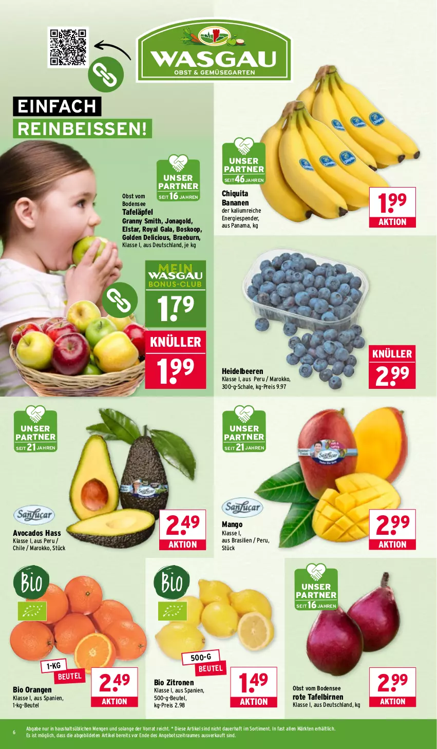 Aktueller Prospekt Wasgau - von 19.01 bis 24.01.2026 - strona 6 - produkty: angebot, auer, avocado, avocados, banane, bananen, beere, beeren, beutel, bio, Birnen, chiquita, eis, heidelbeere, heidelbeeren, mango, obst, orange, orangen, reis, Schal, Schale, tafeläpfel, tafelbirnen, Ti, zitrone, zitronen