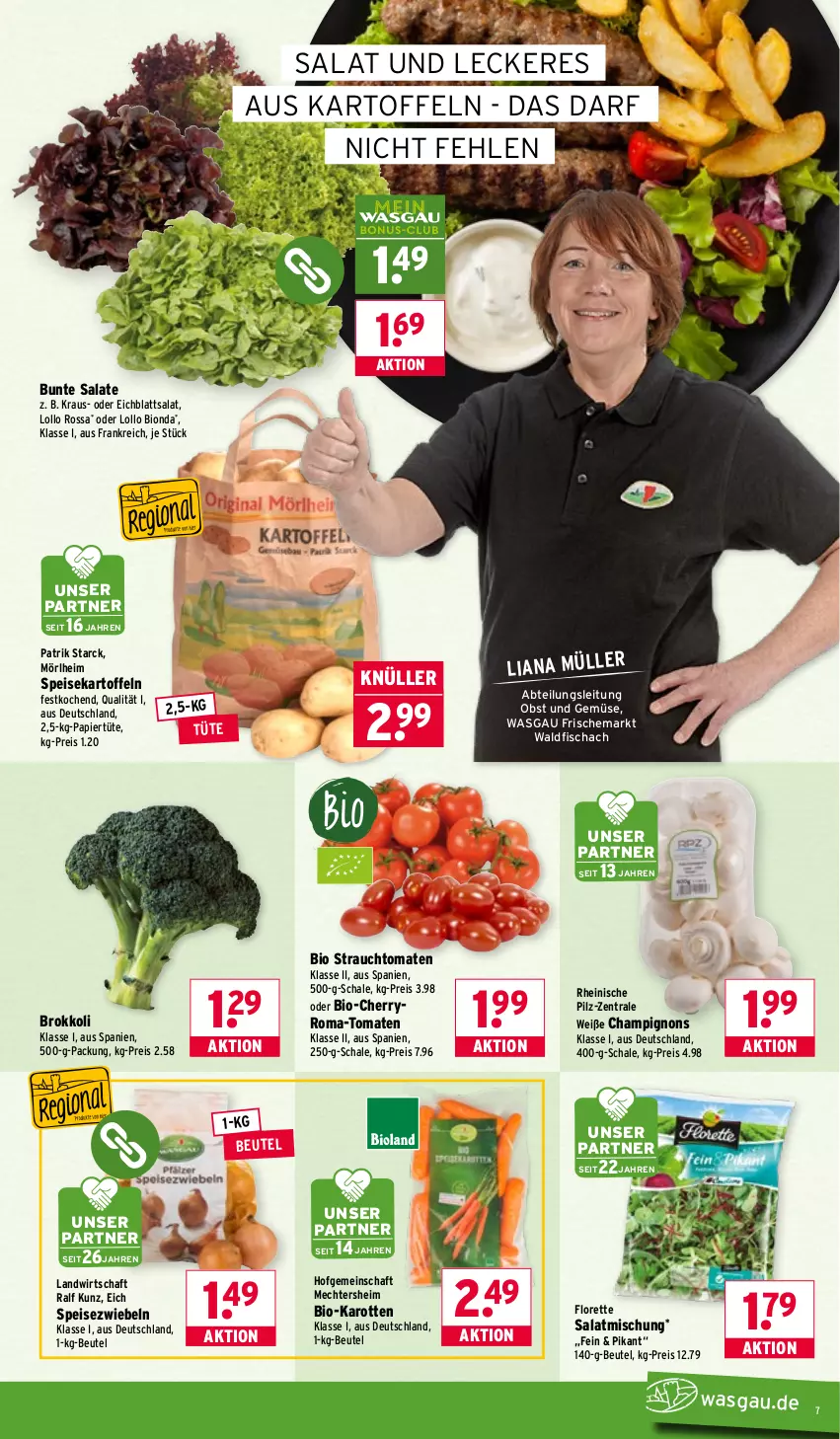 Aktueller Prospekt Wasgau - von 19.01 bis 24.01.2026 - strona 7 - produkty: Abtei, beutel, bio, bio-karotten, brokkoli, bunte salate, champignon, champignons, Eichblattsalat, eis, fisch, florette, karotten, kartoffel, kartoffeln, Müller, obst, Obst und Gemüse, papier, Papiertüte, Rauch, reis, salat, salate, Schal, Schale, speisekartoffeln, Speisezwiebeln, strauchtomaten, Ti, tomate, tomaten, Tüte, und gemüse, zwiebel, zwiebeln