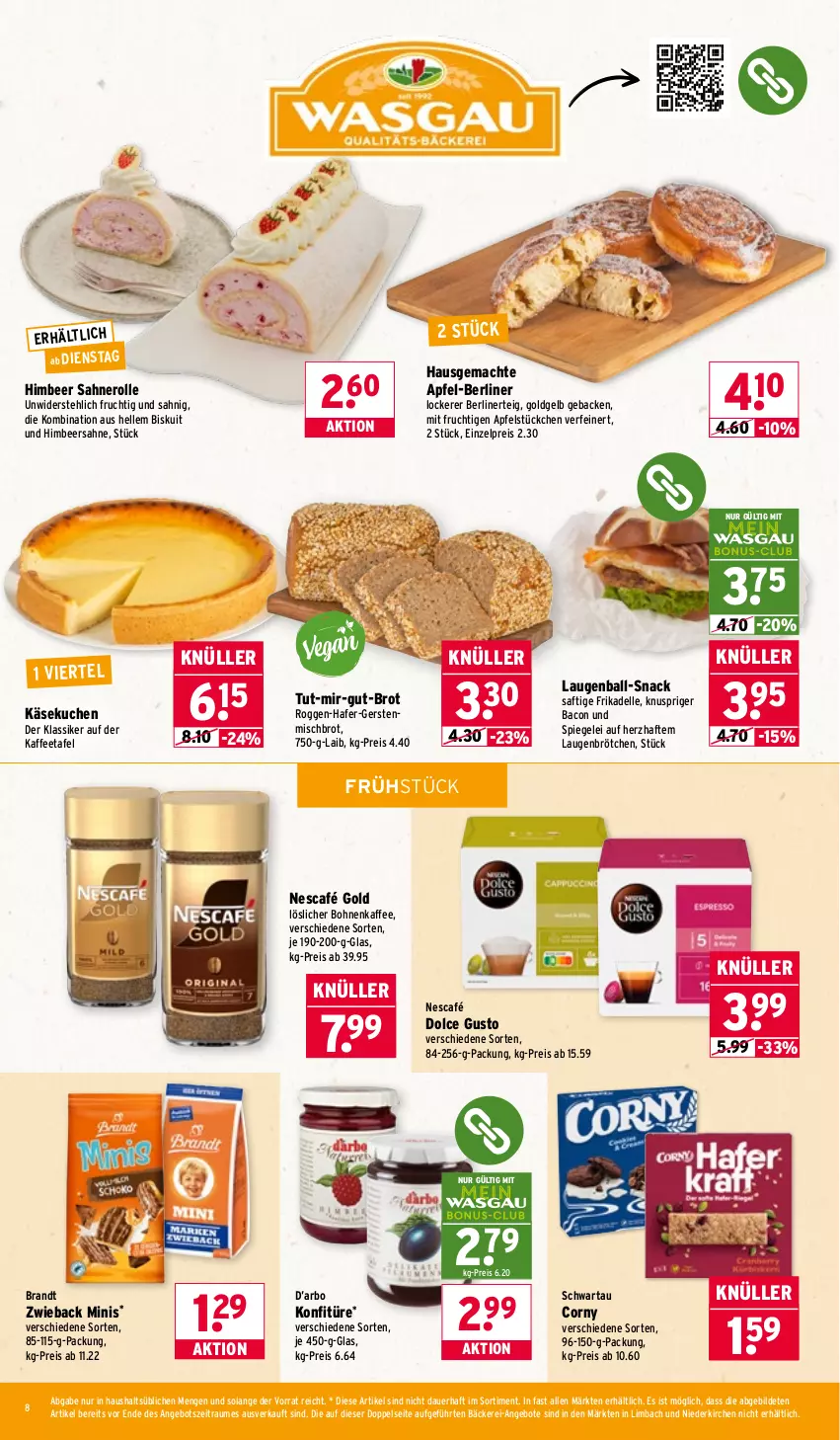 Aktueller Prospekt Wasgau - von 19.01 bis 24.01.2026 - strona 8 - produkty: angebot, angebote, apfel, auer, bacon, ball, berliner, bohne, bohnen, bohnenkaffee, brandt, brot, brötchen, corny, dell, dolce gusto, eis, elle, frucht, geback, hafer, himbeer, kaffee, Käse, käsekuchen, konfitüre, kuchen, löslicher bohnenkaffee, mac, mit frucht, nero, Nescafé, nescafé gold, reis, saft, sahne, Sahnerolle, Schwartau, snack, spiegel, Ti
