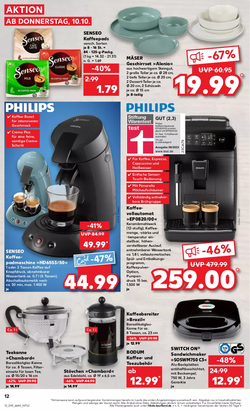 Aktueller Prospekt Kaufland - Prospekt - von 10.10 bis 16.10.2024 - strona 12 - produkty: angebot, angebote, auto, bodum, Cap, cappuccino, cin, dessert, edelstahl, eis, elle, espresso, geschirr, Gläser, kaffee, kaffeebereiter, kaffeepads, kaffeevollautomat, latte, mac, milch, milchaufschäumer, reis, rel, sandwich, Schal, schüssel, senseo, tasse, tee, teekanne, teller, Ti, tisch, wasser, wassertank, ZTE