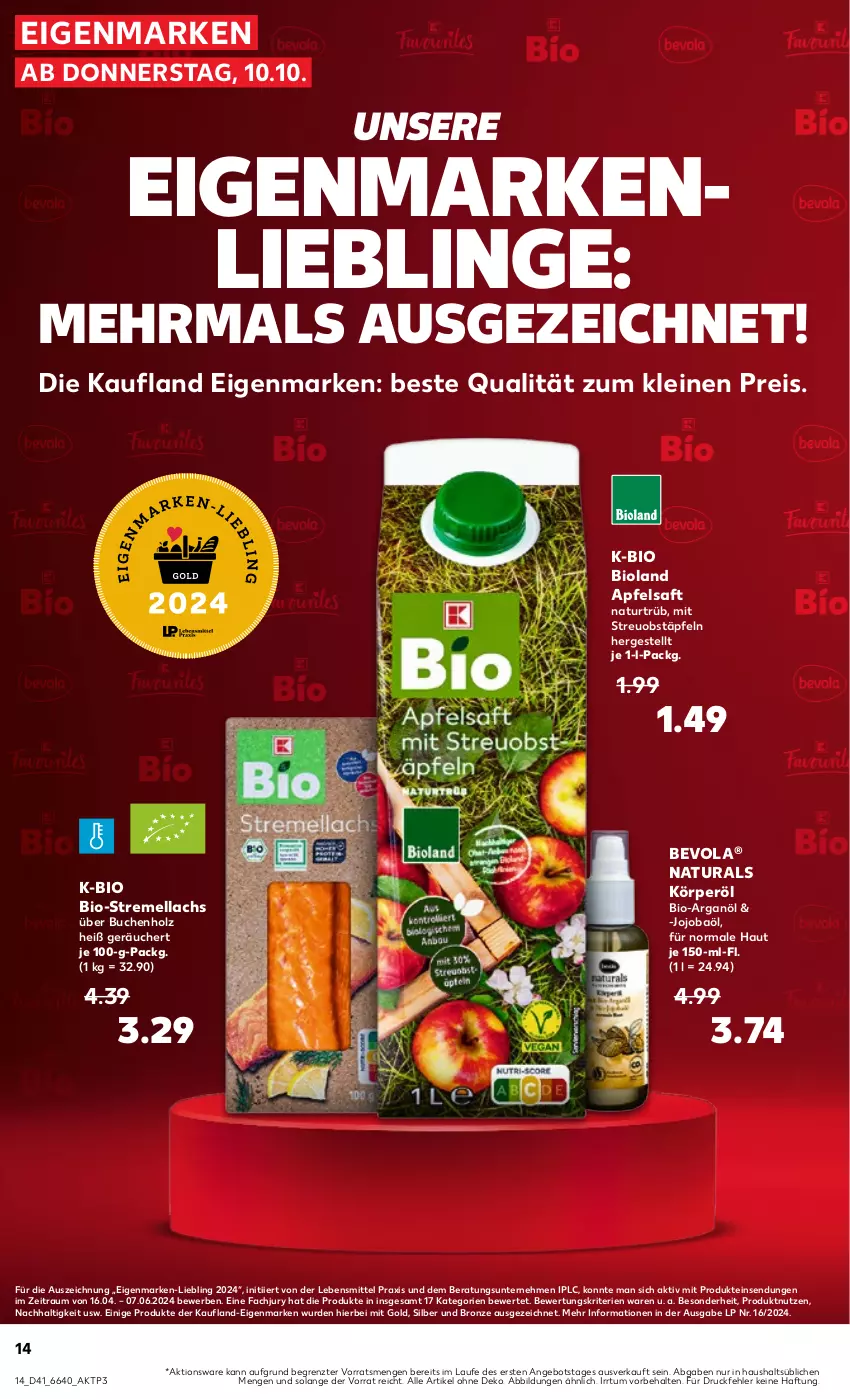 Aktueller Prospekt Kaufland - Prospekt - von 10.10 bis 16.10.2024 - strona 14 - produkty: angebot, apfel, apfelsaft, bio, bioland, buch, die kaufland, eis, Holz, lachs, lebensmittel, leine, natur, natura, obst, reis, saft, Ti, ZTE