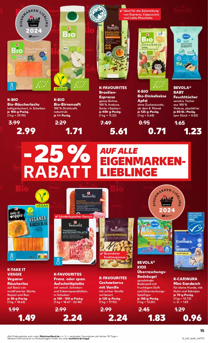 Aktueller Prospekt Kaufland - Prospekt - von 10.10 bis 16.10.2024 - strona 15 - produkty: ACC, angebot, angebote, apfel, asti, aufschnitt, Bad, bio, Birnen, bohne, Cap, cappuccino, Cashew, cashewkerne, chia, cin, direktsaft, eis, espresso, feuchttücher, frucht, keks, kekse, Kugel, lachs, latte, latte macchiato, leine, mac, macchiato, mit frucht, natur, nespresso, nuss, rapsöl, Räucherlachs, reis, saft, salami, sandwich, schinken, Spezi, Sprudel, Ti, tücher, vanille, veggie, ZTE, zucker