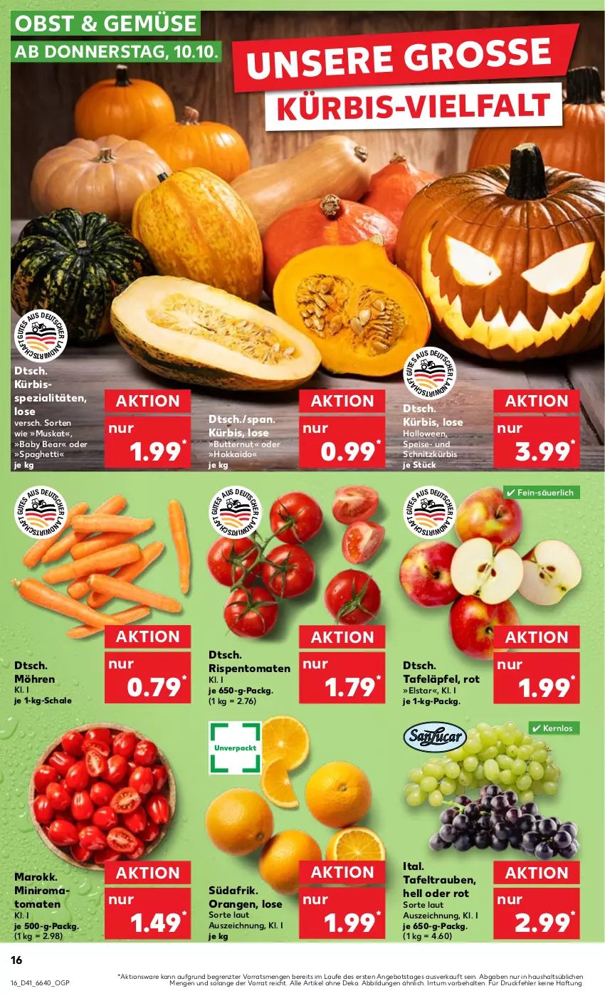 Aktueller Prospekt Kaufland - Prospekt - von 10.10 bis 16.10.2024 - strona 16 - produkty: angebot, butter, eis, Kürbis, möhren, obst, orange, orangen, rispentomaten, Schal, Schale, spaghetti, Spezi, tafeläpfel, tafeltrauben, Ti, tomate, tomaten, trauben, ZTE