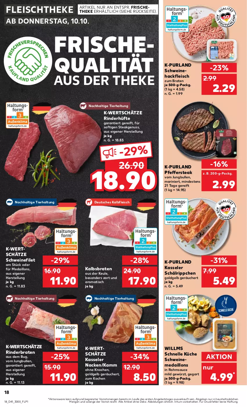 Aktueller Prospekt Kaufland - Prospekt - von 10.10 bis 16.10.2024 - strona 18 - produkty: angebot, braten, eis, elle, filet, fleisch, gewürz, hackfleisch, jungbullen, Kalbfleisch, kasseler, küche, medaillons, nuss, pfeffer, purland, rind, rinder, rinderbraten, Rinderhüfte, saft, sauce, schwein, schweine, schweinefilet, Schweinehackfleisch, steak, Ti, tisch, wein, weine, ZTE