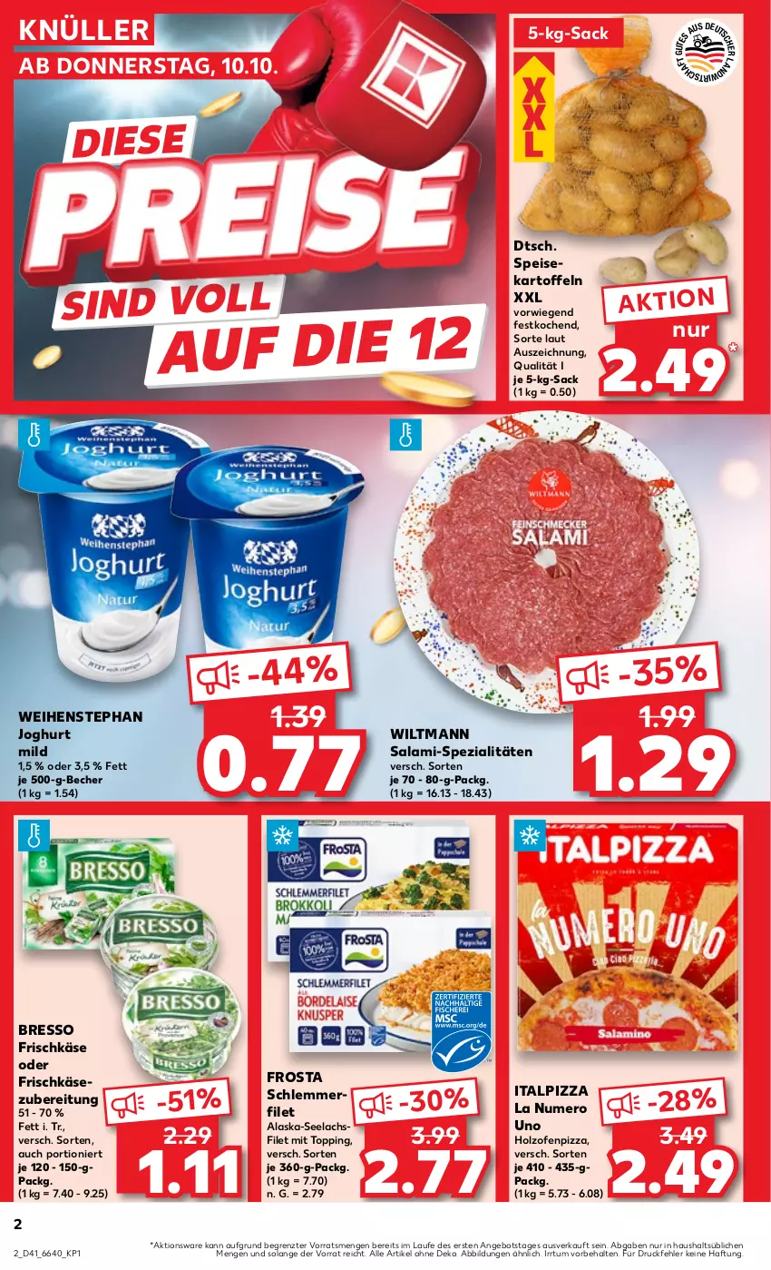 Aktueller Prospekt Kaufland - Prospekt - von 10.10 bis 16.10.2024 - strona 2 - produkty: Alaska-Seelachs, Alaska-Seelachsfilet, angebot, Becher, bresso, eis, filet, frischkäse, frischkäsezubereitung, frosta, Holz, joghur, joghurt, joghurt mild, kartoffel, kartoffeln, Käse, lachs, lachsfilet, Ofen, pizza, sac, salami, schlemmerfilet, seelachsfilet, speisekartoffeln, Spezi, Ti, weihenstephan, wiltmann, ZTE