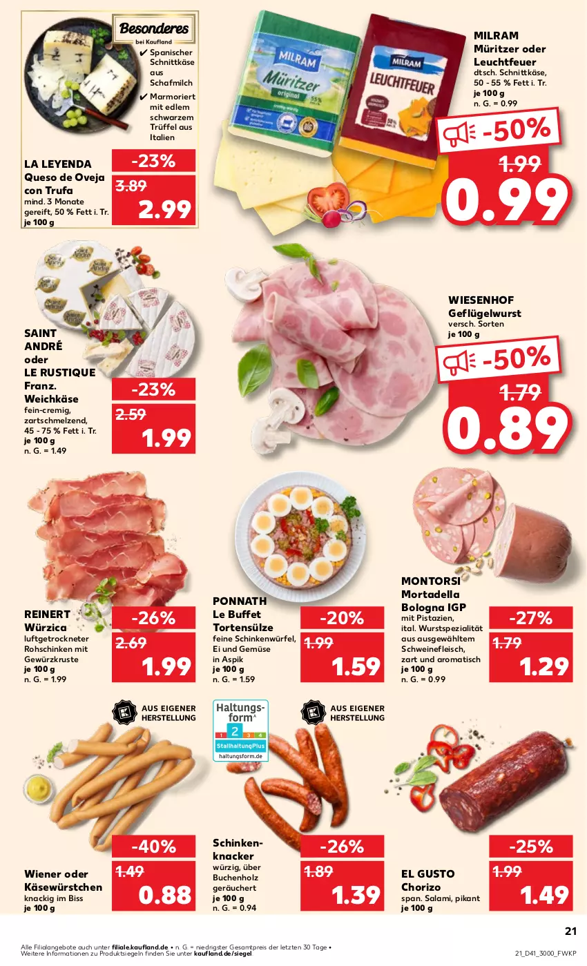 Aktueller Prospekt Kaufland - Prospekt - von 10.10 bis 16.10.2024 - strona 21 - produkty: angebot, angebote, buch, chorizo, dell, eis, fleisch, Geflügel, gewürz, Holz, Käse, knacker, Le Rustique, milch, milram, mit pistazien, montorsi, mortadella, pistazien, ponnath, reinert, reis, rohschinken, salami, schinken, schnittkäse, schwein, schweine, schweinefleisch, Spezi, Ti, tisch, torte, Trüffel, und gemüse, weichkäse, wein, weine, wiener, wiesenhof, würfel, wurst, würstchen, ZTE