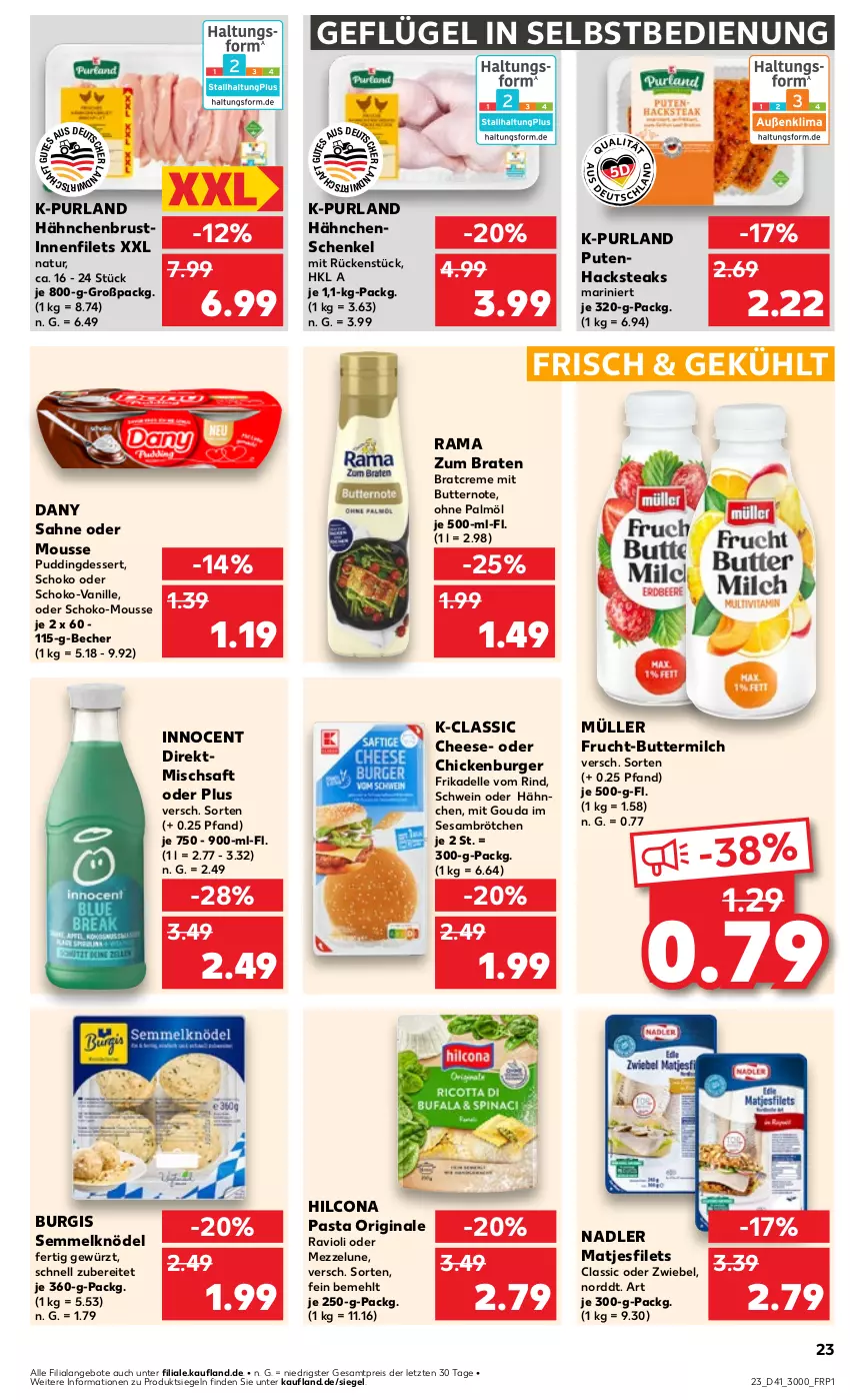 Aktueller Prospekt Kaufland - Prospekt - von 10.10 bis 16.10.2024 - strona 23 - produkty: angebot, angebote, Becher, braten, brötchen, burger, butter, buttermilch, creme, Dany, dany sahne, dell, dessert, eis, elle, filet, filets, frucht, Geflügel, gewürz, gin, gouda, hähnchenbrust, hähnchenschenkel, henkel, hilcona, Innocent, Knödel, matjes, Matjesfilet, matjesfilets, mehl, milch, mit gouda, mousse, Müller, nadler, natur, ohne palmöl, pasta, pudding, purland, pute, Putenhacksteak, rama, ravioli, reis, rind, saft, sahne, schenkel, schoko, schwein, Semmel, Semmelknödel, sesam, steak, steaks, Ti, vanille, wein, ZTE, zwiebel