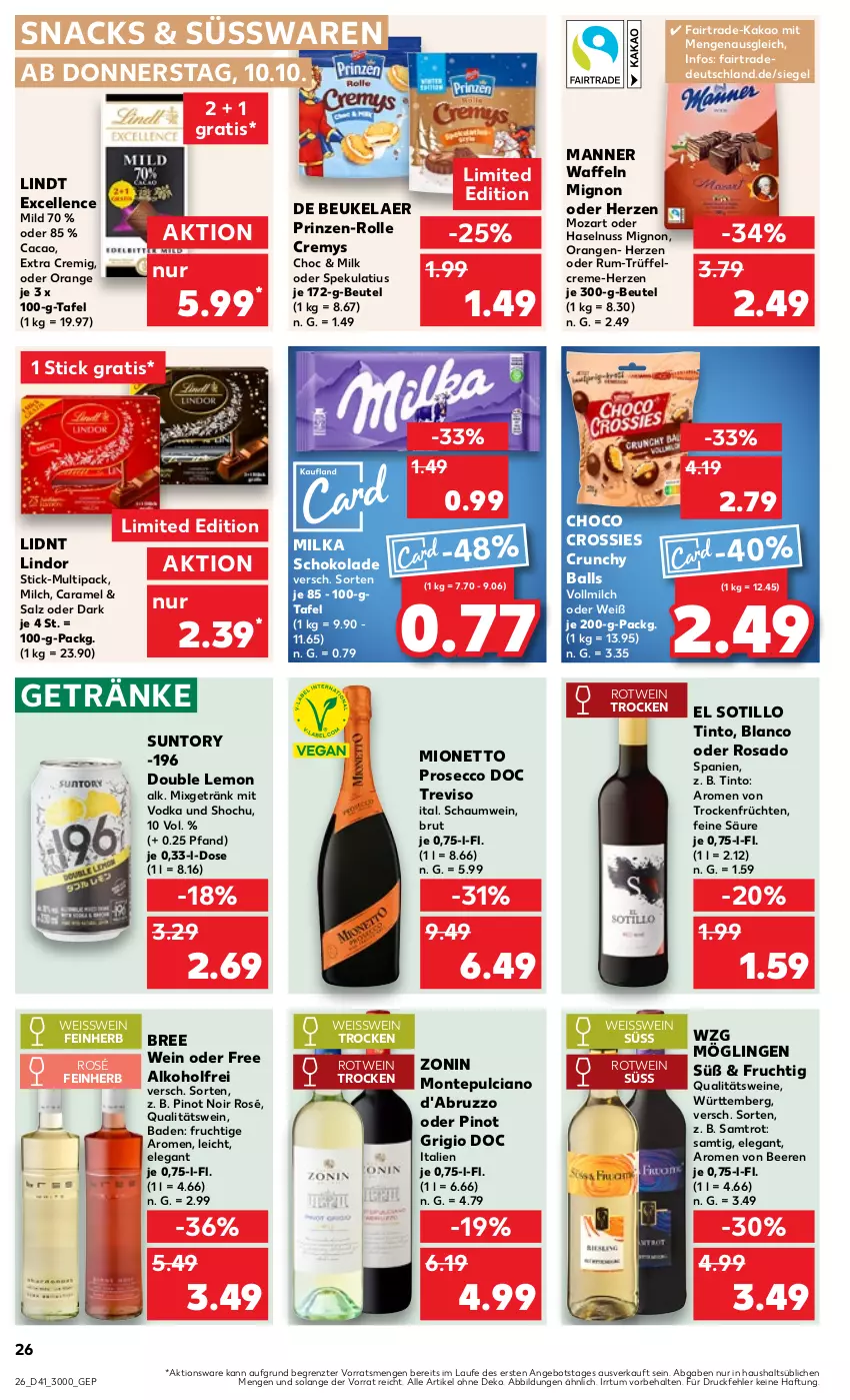 Aktueller Prospekt Kaufland - Prospekt - von 10.10 bis 16.10.2024 - strona 26 - produkty: alkohol, angebot, Bad, ball, beere, beeren, beutel, bree, brut, caramel, choco crossies, creme, cremys, crossies, de beukelaer, ecco, eis, elle, frucht, früchte, früchten, getränk, getränke, haselnuss, kakao, lindor, lindt, Manner, milch, milka, milka schokolade, mionetto, Mixgetränk, monte, Montepulciano, nuss, orange, orangen, Pinot, pinot grigio, pinot noir, prosecco, qualitätswein, qualitätsweine, rotwein, rum, salz, schoko, schokolade, snack, snacks, süsswaren, Ti, Trockenfrüchte, Trüffel, vodka, vollmilch, waffeln, wein, weine, zonin, ZTE