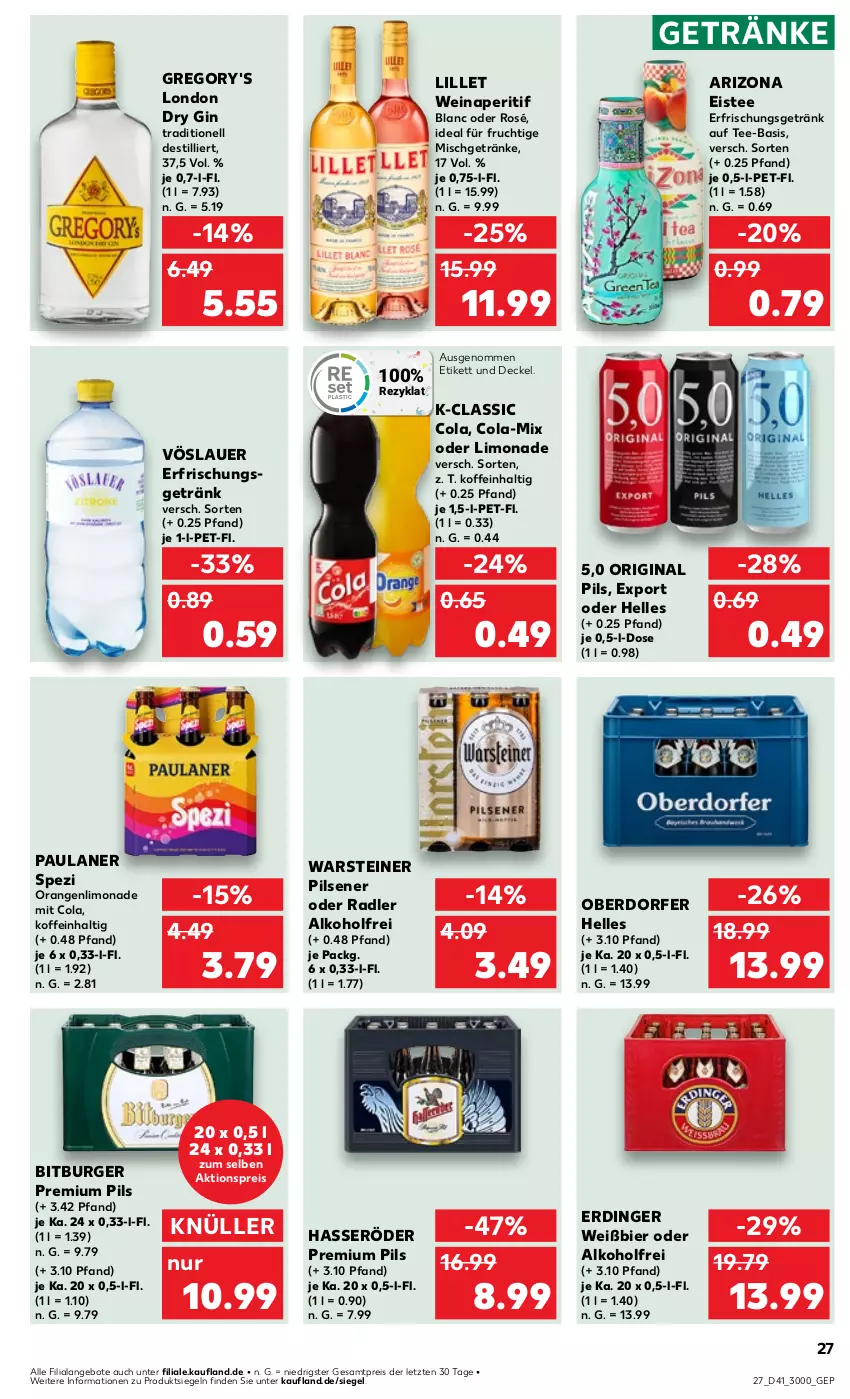 Aktueller Prospekt Kaufland - Prospekt - von 10.10 bis 16.10.2024 - strona 27 - produkty: aktionspreis, alkohol, angebot, angebote, aperitif, auer, bier, bitburger, burger, cola, decke, Deckel, dry gin, eis, eistee, elle, erdinger, erfrischungsgetränk, frucht, getränk, getränke, gin, hasseröder, lillet, limo, limonade, london dry, london dry gin, oder radler, orange, orangen, Paula, paulaner, pils, pilsener, premium pils, radler, reis, Spezi, steiner, tee, Ti, vöslauer, warsteiner, wein, ZTE