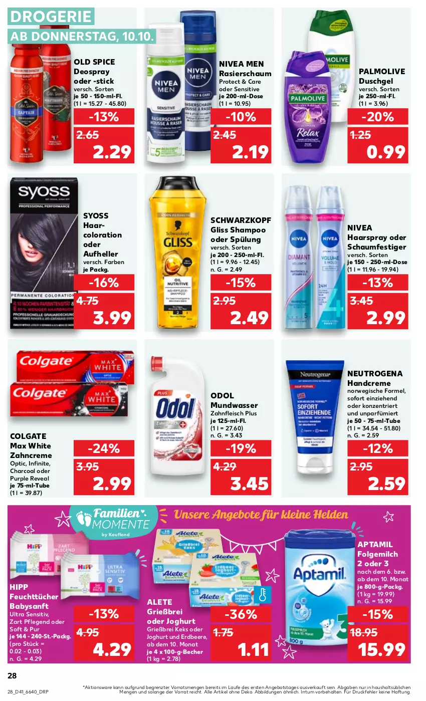 Aktueller Prospekt Kaufland - Prospekt - von 10.10 bis 16.10.2024 - strona 28 - produkty: angebot, Becher, beere, Brei, colgate, creme, deo, deospray, duschgel, eis, elle, erdbeere, feuchttücher, fleisch, folgemilch, gliss, haarspray, handcreme, hipp, joghur, joghurt, keks, LG, Max White, milch, mundwasser, neutrogena, nivea, Nivea Men, oder schaumfestiger, Odol, Old Spice, olive, palmolive, Rasierschaum, rwe, schaumfestiger, schwarzkop, schwarzkopf, shampoo, shampoo oder spülung, spülung, syoss, Ti, tücher, wasser, Yo, zahncreme, ZTE