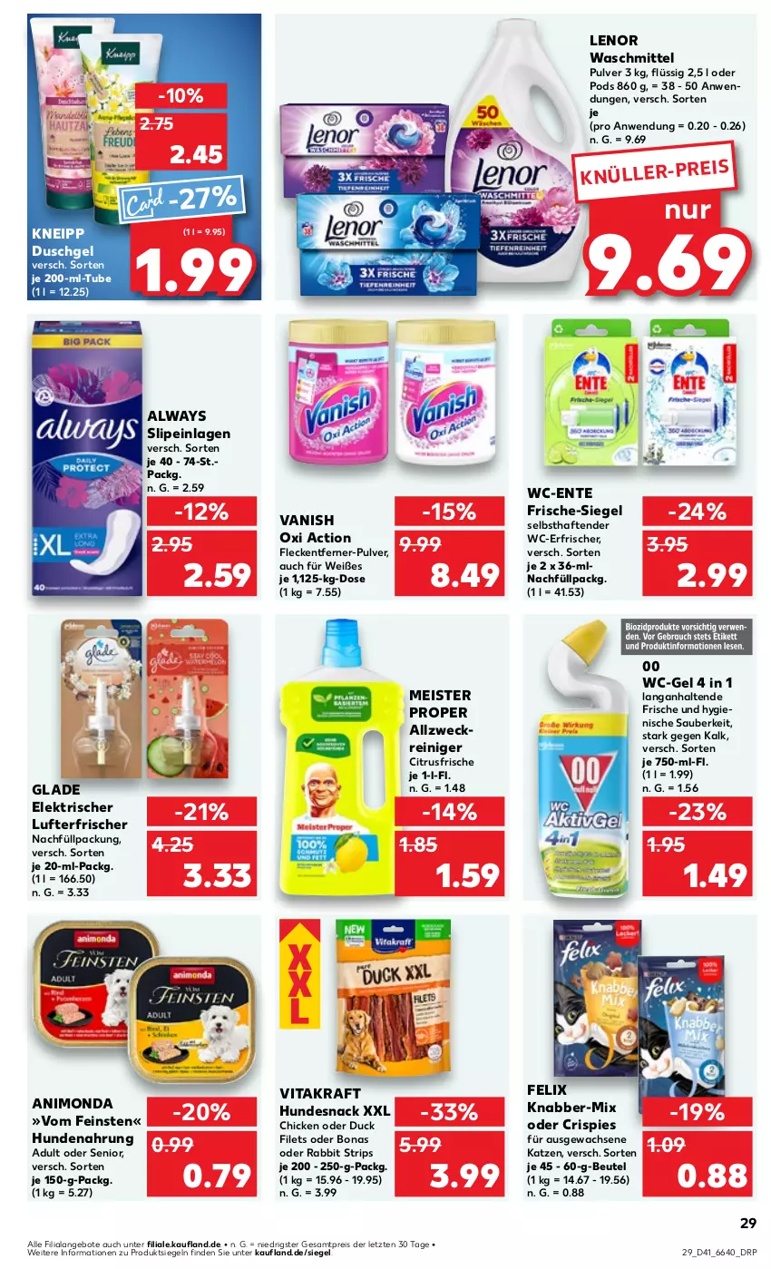 Aktueller Prospekt Kaufland - Prospekt - von 10.10 bis 16.10.2024 - strona 29 - produkty: allzweckreiniger, Alwa, Always, angebot, angebote, beutel, Bona, citrus, Duck, duschgel, eis, ente, felix, filet, filets, fleckentferner, Glade, hundenahrung, hundesnack, kneipp, kraft, lenor, lenor waschmittel, lufterfrischer, Meister, meister proper, oxi action, Pods, reiniger, reis, slip, slipeinlagen, snack, tender, Ti, vanish, vanish oxi action, vita, vitakraft, waschmittel, wc-gel, weck, ZTE