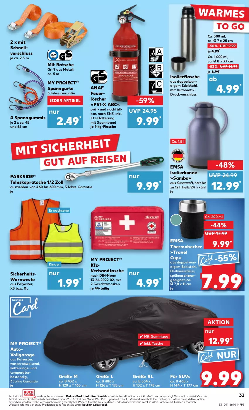 Aktueller Prospekt Kaufland - Prospekt - von 10.10 bis 16.10.2024 - strona 33 - produkty: auto, Becher, edelstahl, eis, emsa, erde, flasche, Gesichtsmaske, isolierflasche, isolierkanne, Kinder, LG, Maske, ndk, Parkside, Rauch, reis, rel, schuhe, spülmaschinen, Tasche, Teleskop, Ti, versandkostenfrei, Warnweste, wasser, Weste