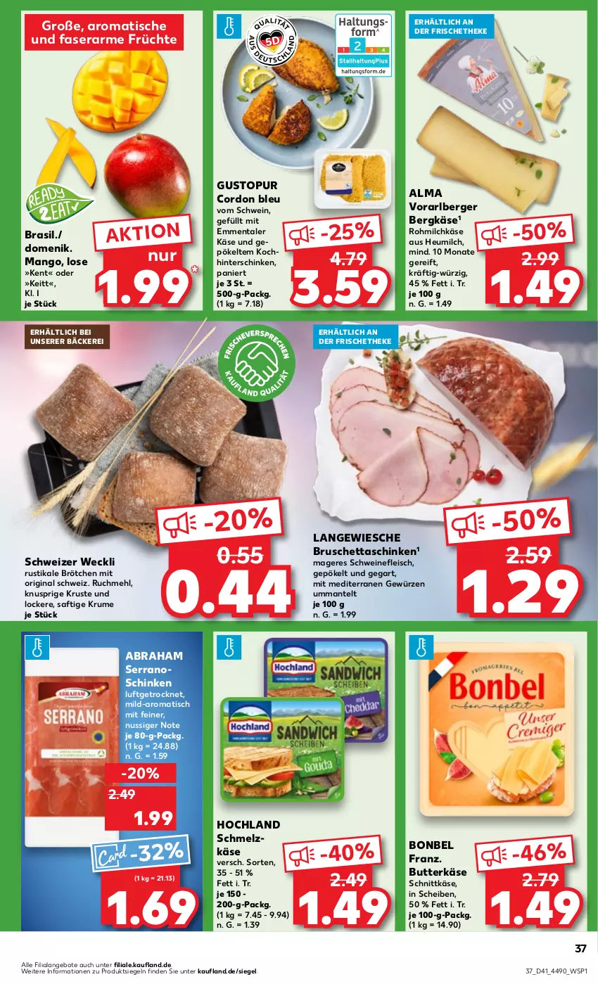 Aktueller Prospekt Kaufland - Prospekt - von 10.10 bis 16.10.2024 - strona 37 - produkty: angebot, angebote, Berger, Bergkäse, bonbel, brötchen, butter, butterkäse, cordon bleu, eis, emmentaler, fleisch, früchte, gewürz, gin, Heu, heumilch, hinterschinken, hochland, Käse, mango, Mantel, mehl, milch, nuss, rum, saft, schinken, Schmelzkäse, schnittkäse, schwein, schweine, schweinefleisch, serrano, Ti, tisch, weck, wein, weine