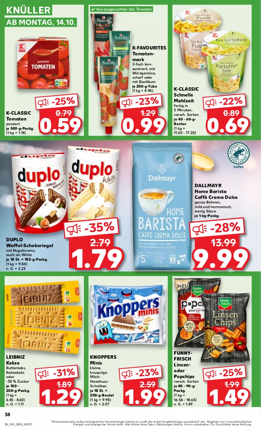 Aktueller Prospekt Kaufland - Prospekt - von 10.10 bis 16.10.2024 - strona 38 - produkty: angebot, basilikum, Becher, beutel, bohne, bohnen, butter, butterkeks, caffè crema, chips, creme, dallmayr, duplo, elle, gin, haselnuss, kakao, keks, kekse, knoppers, leibniz, leine, linsen, milch, nuss, riegel, schnitten, schoko, schokoriegel, Ti, tomate, tomaten, tomatenmark, ZTE, zucker