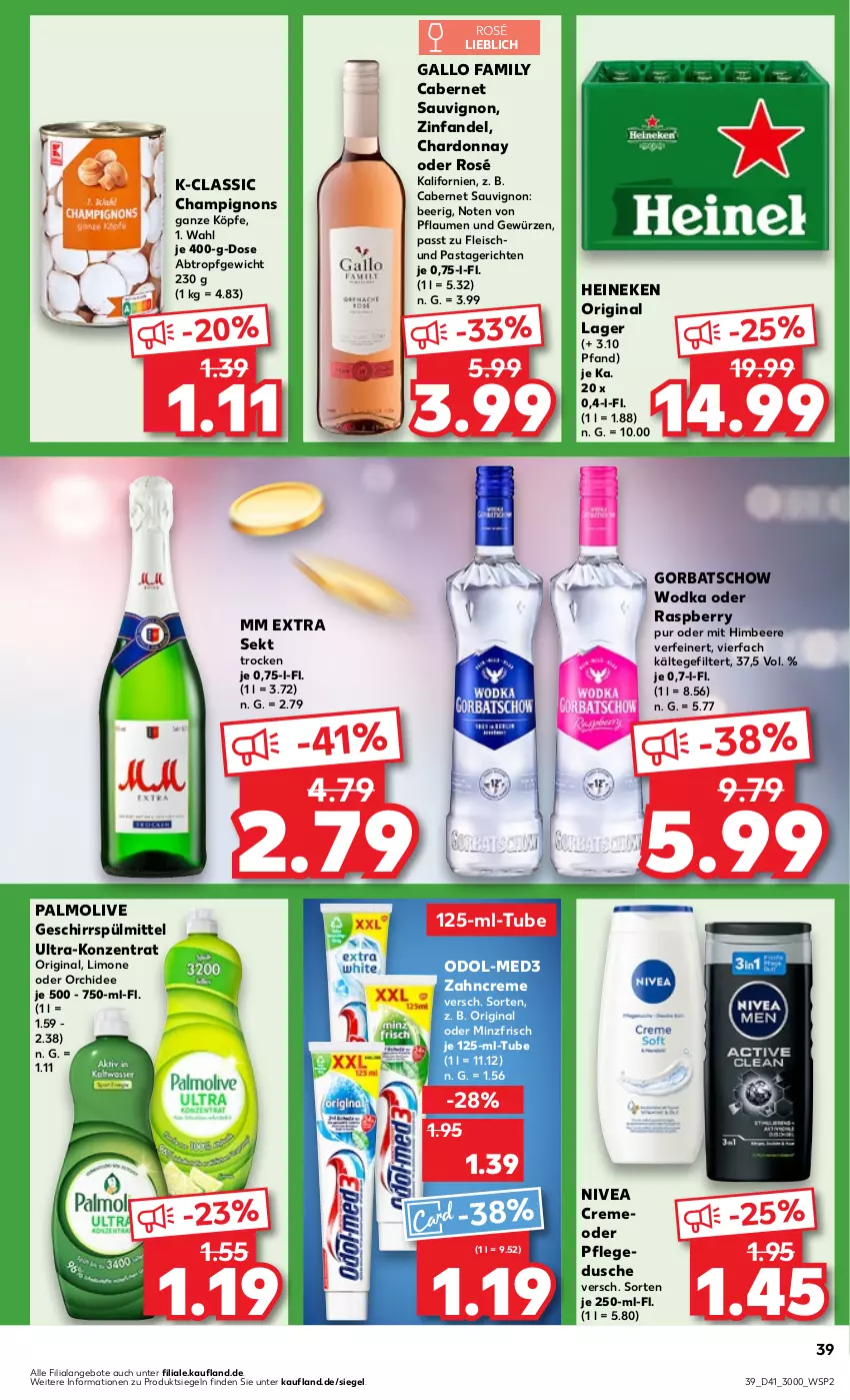 Aktueller Prospekt Kaufland - Prospekt - von 10.10 bis 16.10.2024 - strona 39 - produkty: angebot, angebote, beere, cabernet, cabernet sauvignon, champignon, champignons, chardonnay, creme, dusche, eis, fleisch, gallo, gallo family, geschirr, geschirrspülmittel, gewürz, gin, Gorbatschow, gorbatschow wodka, heineken, himbeer, himbeere, limo, mm extra, nivea, Odol, olive, orchidee, palmolive, pasta, Pastagericht, pflaume, pflaumen, pflegedusche, raspberry, sauvignon, sekt, spülmittel, Ti, wodka, zahncreme