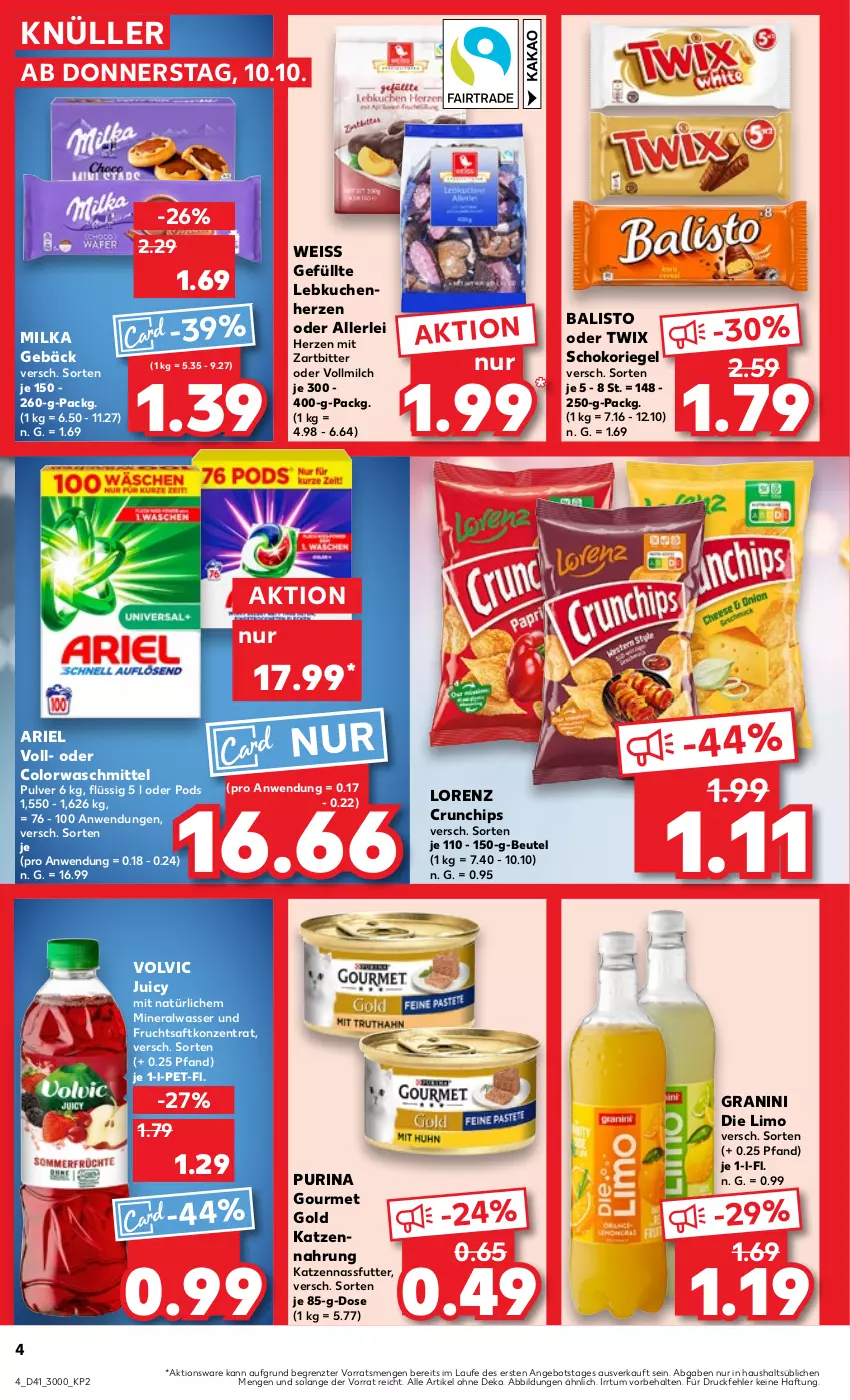 Aktueller Prospekt Kaufland - Prospekt - von 10.10 bis 16.10.2024 - strona 4 - produkty: Alwa, angebot, ariel, balisto, beutel, chips, colorwaschmittel, crunchips, eis, frucht, fruchtsaft, gourmet gold, granini, granini die limo, katzennahrung, kuchen, Lebkuchen, limo, lorenz, lorenz crunchips, milch, milka, mineralwasser, nassfutter, oder twix, Pods, purina, riegel, saft, schoko, schokoriegel, Ti, twix, vollmilch, volvic, waschmittel, wasser, ZTE