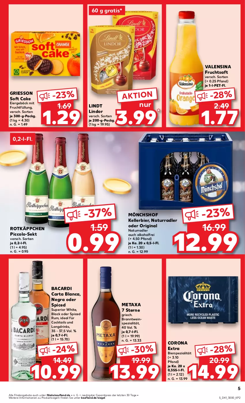 Aktueller Prospekt Kaufland - Prospekt - von 10.10 bis 16.10.2024 - strona 5 - produkty: alkohol, angebot, angebote, bacardi, bier, cocktail, cocktails, corona, corona extra, drink, drinks, eier, eis, elle, frucht, fruchtsaft, gin, griesson, kellerbier, lack, lindor, lindt, Metaxa, mit frucht, mönchshof, natur, radler, reis, rotkäppchen, rum, saft, sekt, Spezi, Ti, valensina, wein, ZTE