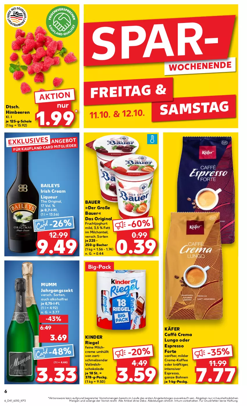 Aktueller Prospekt Kaufland - Prospekt - von 10.10 bis 16.10.2024 - strona 6 - produkty: alkohol, angebot, auer, baileys, Bau, Bauer, Becher, beere, beeren, bohne, bohnen, caffè crema, creme, espresso, frucht, fruchtjoghurt, gin, himbeer, himbeere, himbeeren, irish cream, jahrgangssekt, joghur, joghurt, joghurt mild, käfer, kaffee, Kinder, kinder riegel, liqueur, lungo, milch, mumm, oder espresso, riegel, Schal, Schale, schoko, schokolade, sekt, Ti, vollmilch, ZTE