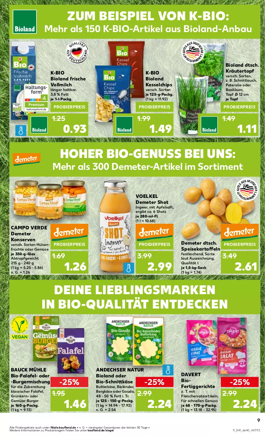 Aktueller Prospekt Kaufland - Prospekt - von 10.10 bis 16.10.2024 - strona 9 - produkty: andechser natur, angebot, angebote, apfel, apfelsaft, basilikum, Bau, Bergkäse, bier, bio, bioland, burger, butter, butterkäse, Campo Verde, chips, decke, eis, elle, erde, Falafel, fertiggericht, fertiggerichte, fleisch, früchte, Germ, gouda, ingwer, kartoffel, kartoffeln, Käse, Konserven, kräuter, milch, natur, nuss, petersilie, reis, sac, saft, schnittkäse, schnittlauch, speisekartoffeln, Ti, topf, topf ø 12 cm, vollmilch, ZTE