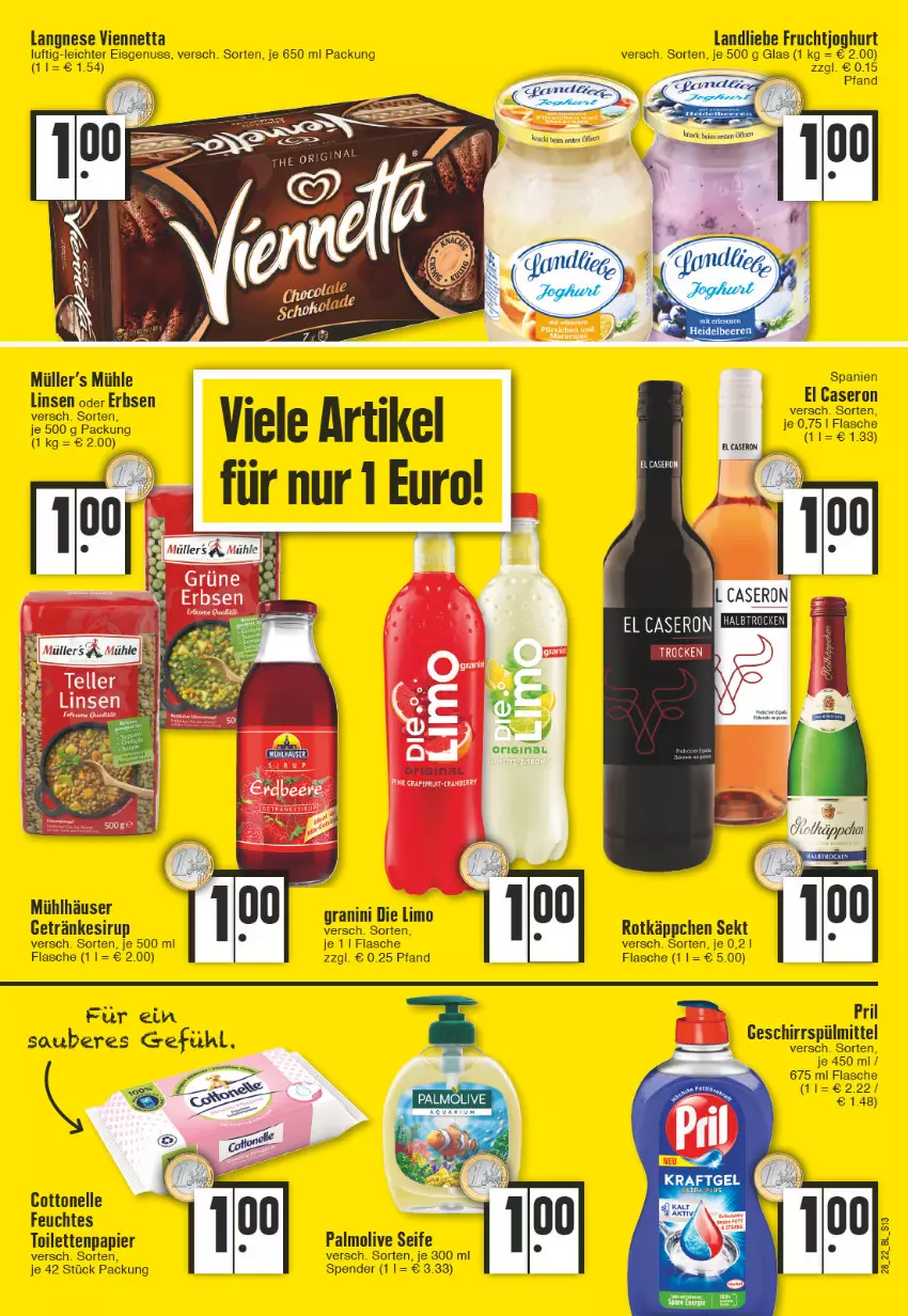 Aktueller Prospekt Edeka - Angebote der Woche - von 11.07 bis 16.07.2022 - strona 13 - produkty: cottonelle, eis, elle, erbsen, feuchtes toilettenpapier, flasche, frucht, fruchtjoghurt, geschirr, geschirrspülmittel, getränk, getränke, getränkesirup, granini, granini die limo, joghur, joghurt, kraft, landliebe, langnese, limo, linsen, mühlhäuser, Müller, nuss, olive, palmolive, papier, pril, rotkäppchen, sac, Seife, sekt, sirup, spülmittel, Ti, toilettenpapier, viennetta