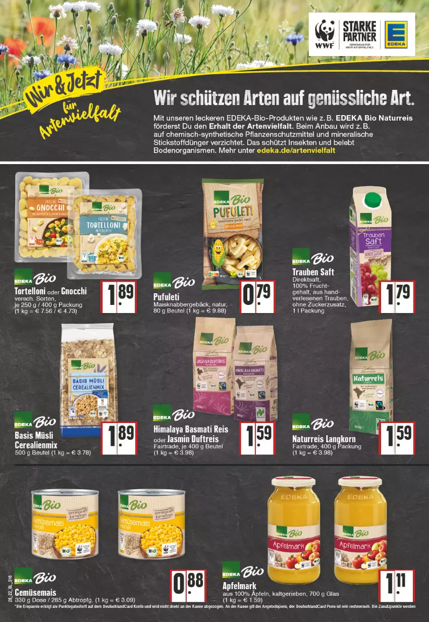 Aktueller Prospekt Edeka - Angebote der Woche - von 11.07 bis 16.07.2022 - strona 16 - produkty: apfel, basis müsli, basmati, Basmati Reis, Bau, beutel, bio, deka, direktsaft, dünger, edeka bio, eis, frucht, gemüsemais, gnocchi, korn, mais, müsli, natur, pflanze, pflanzen, reis, saft, Schütze, sekt, tee, Ti, tisch, trauben, zucker