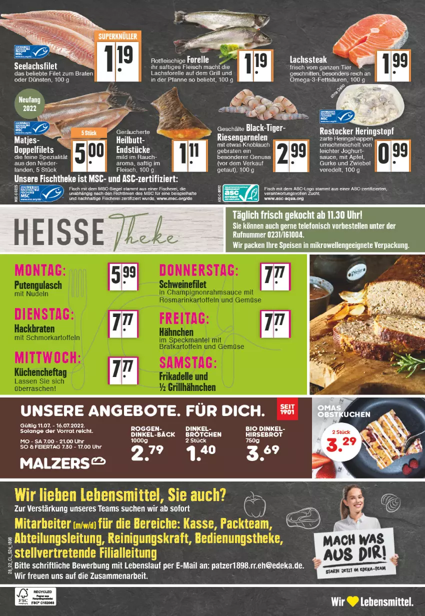 Aktueller Prospekt Edeka - Angebote der Woche - von 11.07 bis 16.07.2022 - strona 24 - produkty: angebot, angebote, apfel, aqua, bio, braten, brötchen, deka, eier, eis, elle, ente, filet, fisch, fische, Fischer, fischtheke, fleisch, forelle, garnelen, grill, gurke, joghur, joghurt, knoblauch, lachs, lachsfilet, lebensmittel, mac, nuss, omega, Omega-3, papier, pfanne, Rauch, rel, riesengarnelen, saft, sauce, Schere, schnitten, seelachsfilet, Spezi, steak, telefon, Ti, uhr, zwiebel