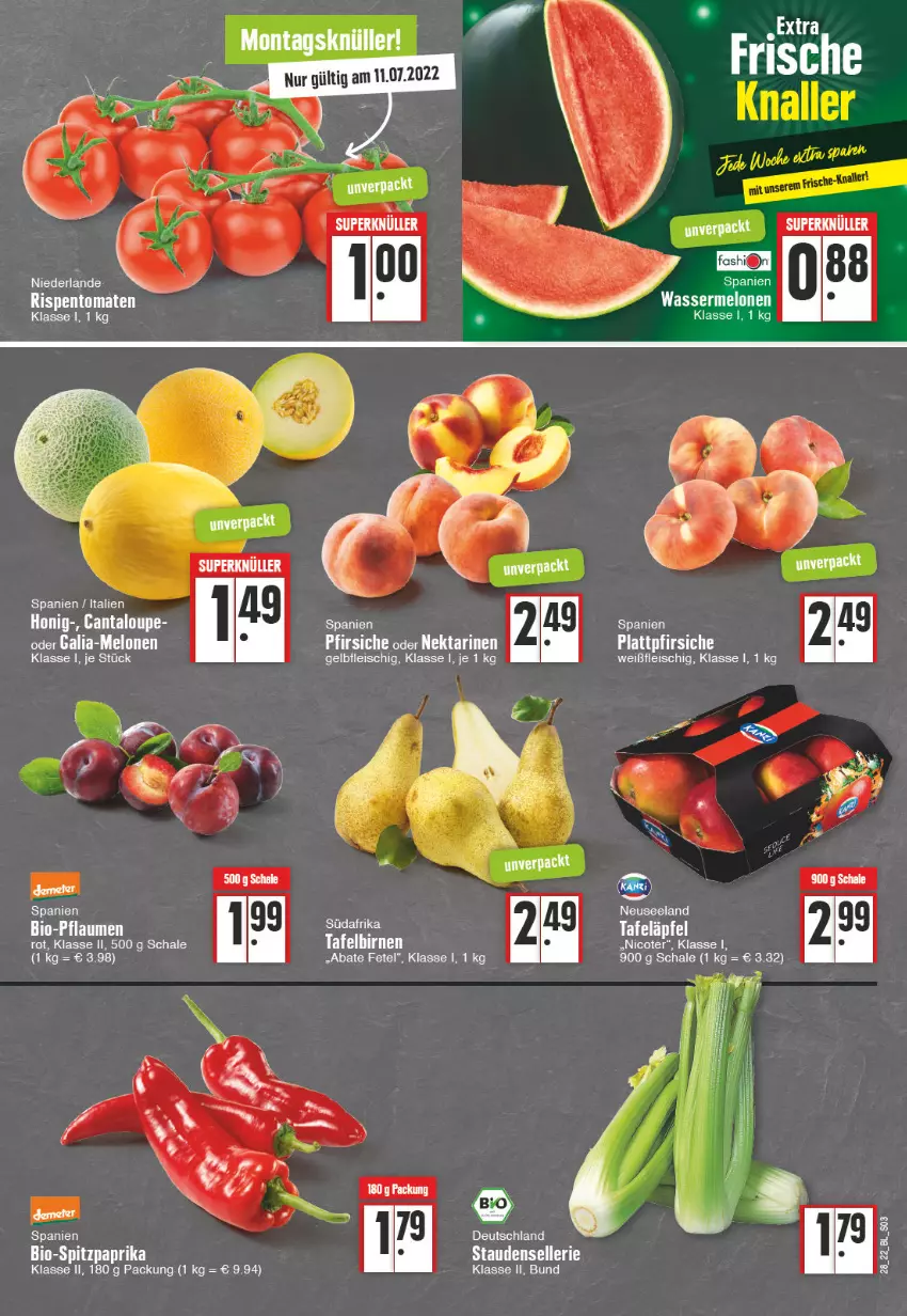 Aktueller Prospekt Edeka - Angebote der Woche - von 11.07 bis 16.07.2022 - strona 3 - produkty: bio, eis, Elan, elle, fleisch, paprika, pfirsich, pfirsiche, pflaume, pflaumen, plattpfirsiche, rispentomaten, Schal, Schale, Spitzpaprika, stauden, tafeläpfel, tee, Ti, tomate, tomaten