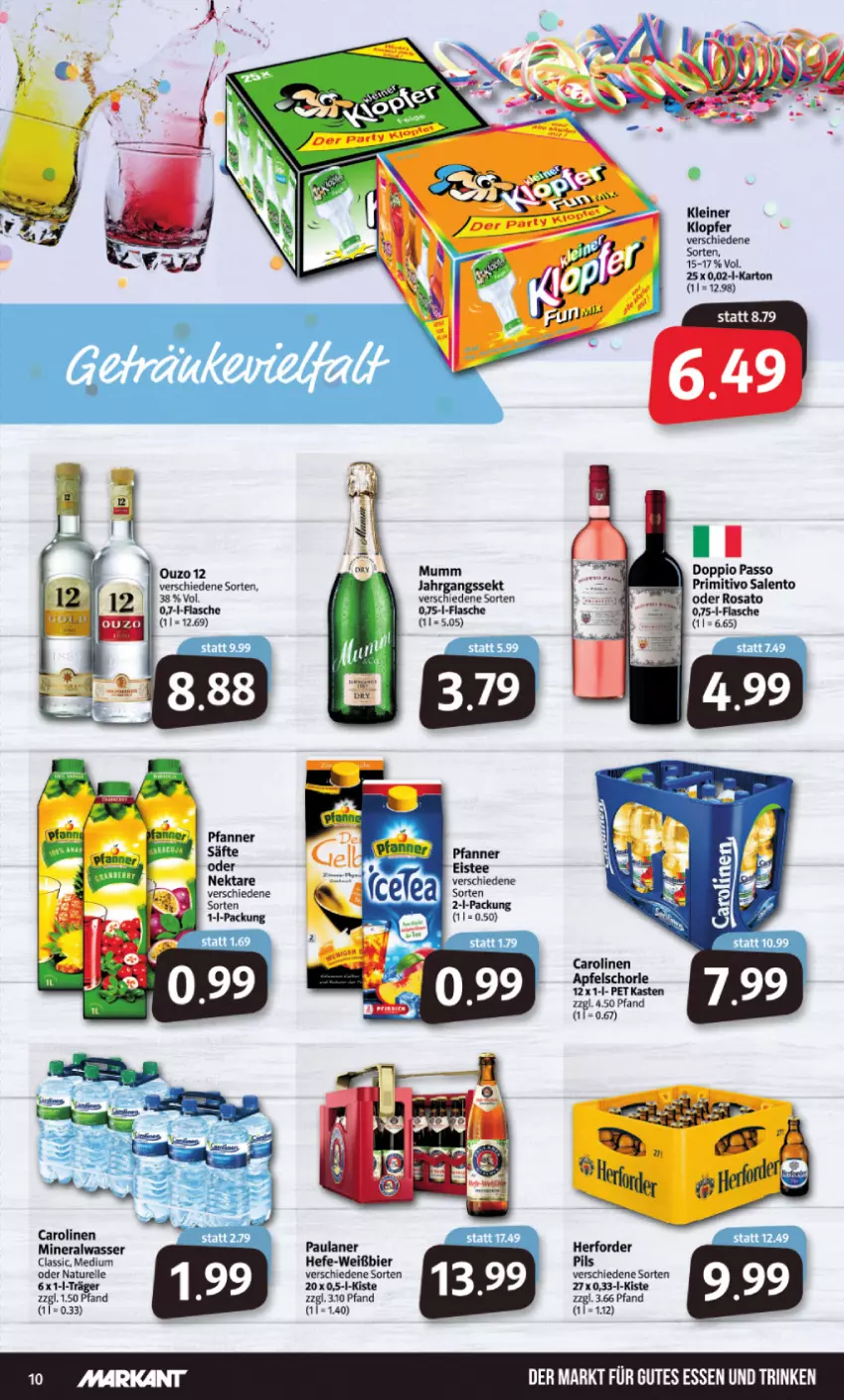 Aktueller Prospekt Markant - Prospekte - von 21.03 bis 26.03.2022 - strona 10 - produkty: Alwa, apfel, Apfelschorle, bier, doppio passo, eis, eistee, elle, flasche, gutes essen, Hefe, jahrgangssekt, kleiner klopfer, leine, mineralwasser, mumm, natur, Nektar, passo, Paula, paulaner, pfanne, Pfanner, pils, primitivo, rel, rosato, säfte, schorle, sekt, tee, Ti, wasser