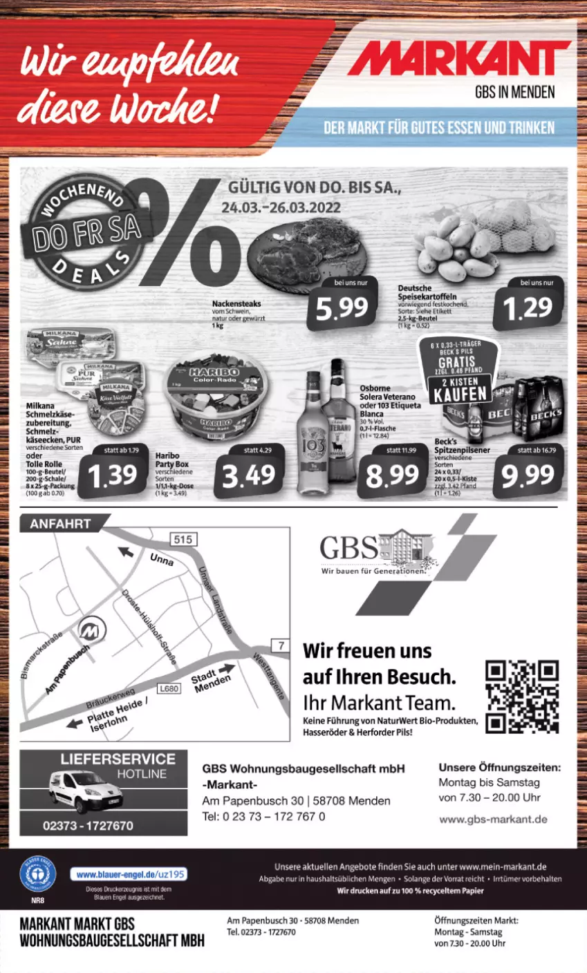 Aktueller Prospekt Markant - Prospekte - von 21.03 bis 26.03.2022 - strona 12 - produkty: angebot, angebote, Bau, bio, eier, elle, gewürz, hasseröder, lieferservice, Nackensteak, nackensteaks, natur, papier, pils, rwe, schwein, steak, steaks, Ti, uhr, wein