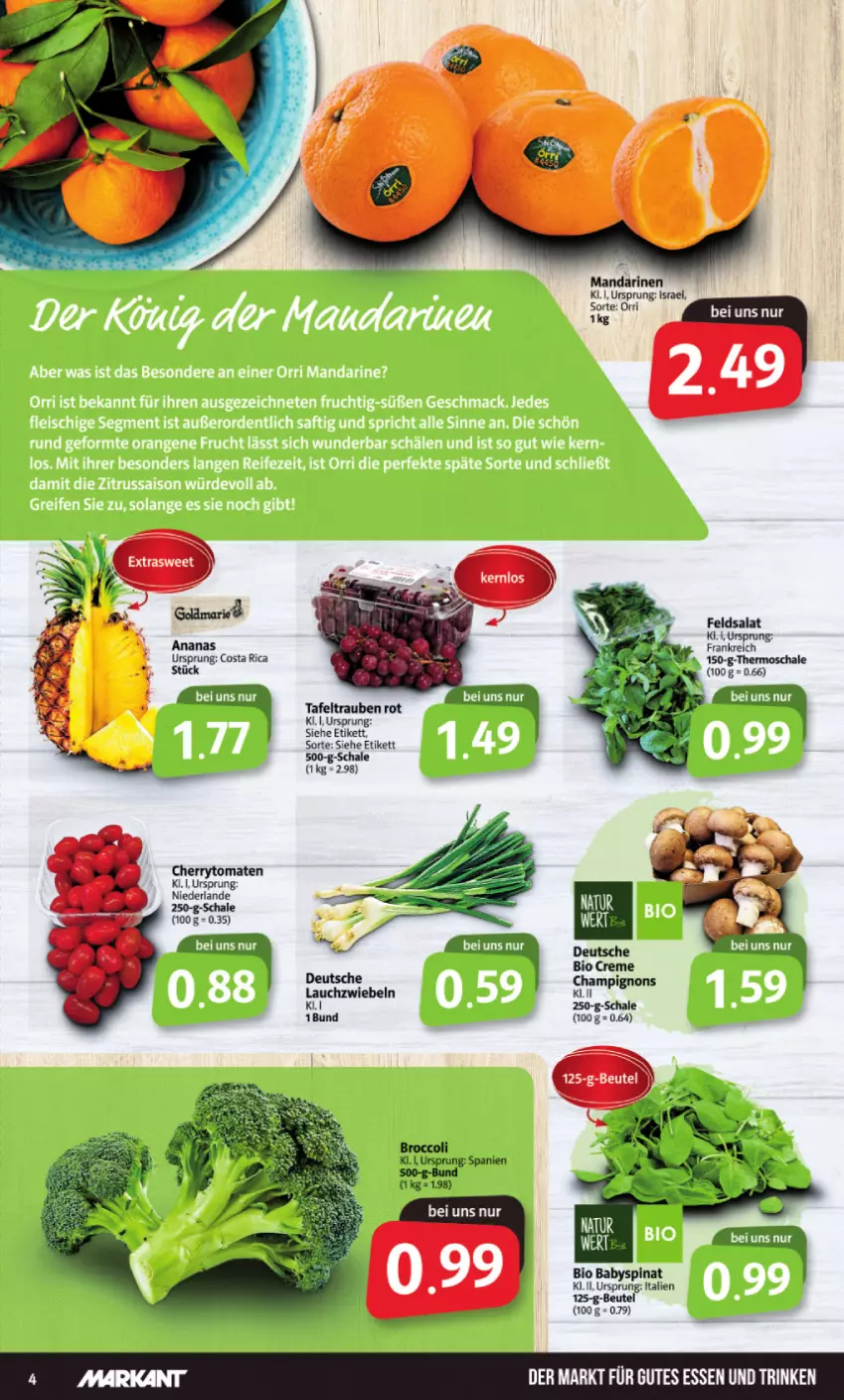 Aktueller Prospekt Markant - Prospekte - von 21.03 bis 26.03.2022 - strona 4 - produkty: ananas, Babyspinat, beutel, bio, champignon, champignons, cherrytomaten, creme, feldsalat, gutes essen, Lauchzwiebel, lauchzwiebeln, mandarine, mandarinen, salat, Schal, Schale, spinat, tafeltrauben, Ti, tomate, tomaten, trauben, zwiebel, zwiebeln