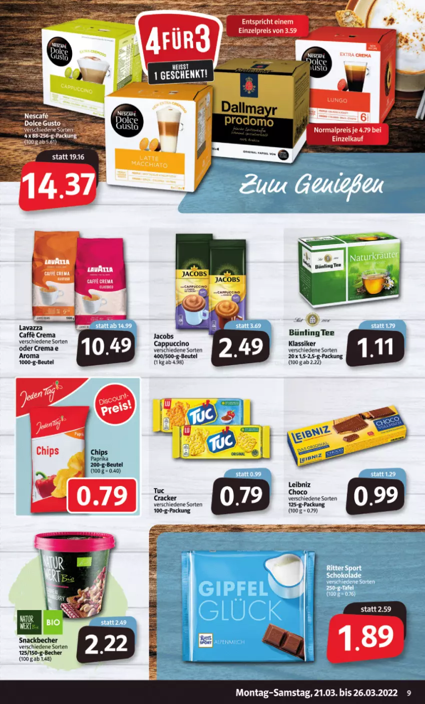 Aktueller Prospekt Markant - Prospekte - von 21.03 bis 26.03.2022 - strona 9 - produkty: Becher, beutel, bünting tee, caffe, Cap, cappuccino, cin, cracker, eis, lavazza, leibniz, paprika, reis, snack, tee, Ti, tuc