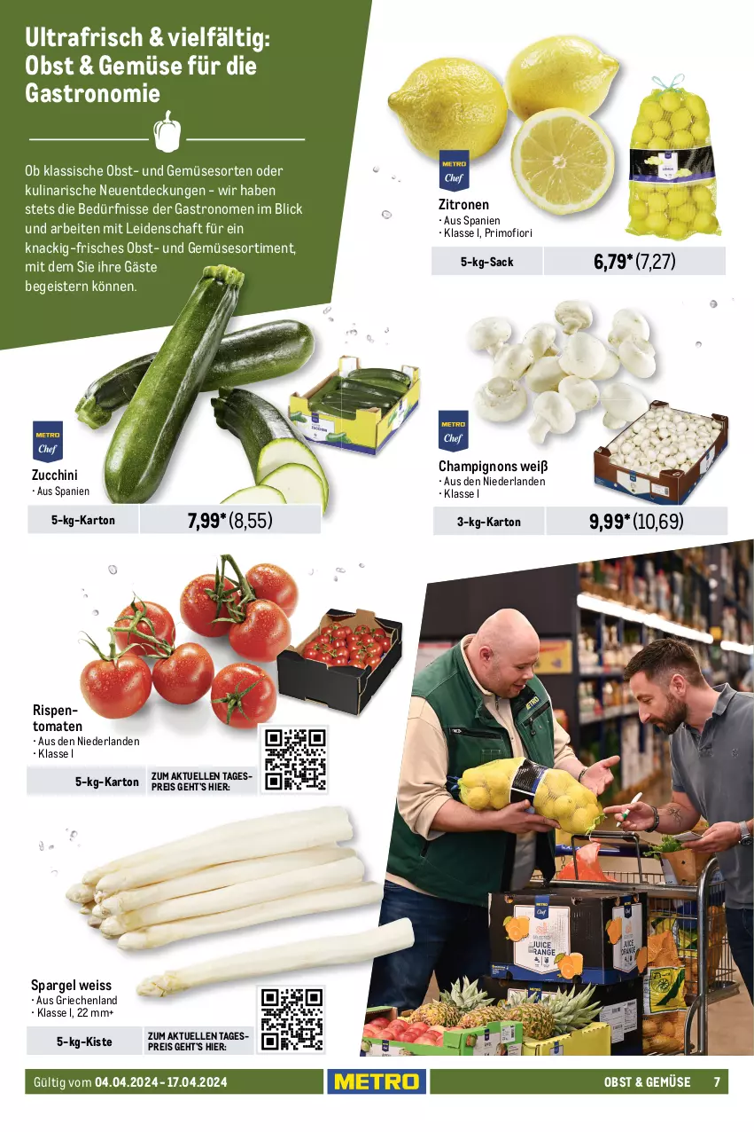 Aktueller Prospekt Metro - GastroJournal - von 04.04 bis 17.04.2024 - strona 7 - produkty: auer, beutel, braten, champignon, champignons, eis, elle, feta, jagdwurst, kartoffel, Kette, Kroketten, küche, Küchen, mac, margarine, Meister, milch, obst, reis, rispentomaten, sac, schnitten, spargel, Ti, tisch, tomate, tomaten, und gemüse, wurst, zitrone, zitronen, zucchini