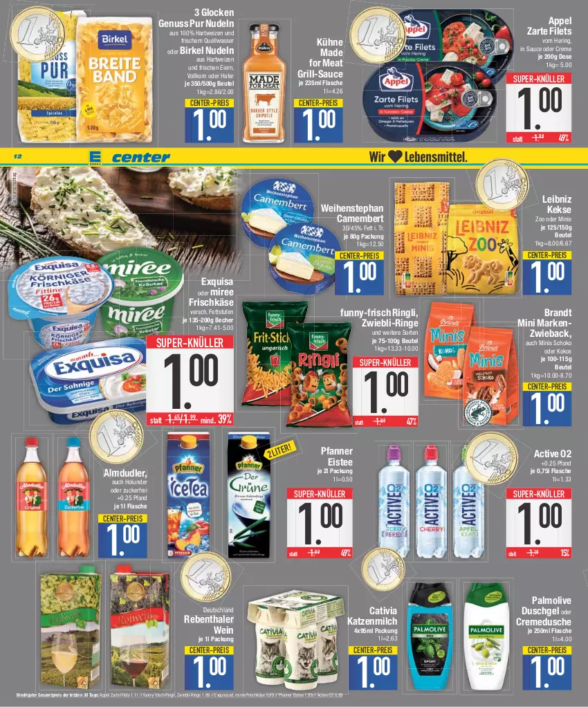 Aktueller Prospekt E Center - Angebote der Woche - von 28.08 bis 02.09.2023 - strona 12 - produkty: almdudler, Becher, beutel, birkel, brandt, camembert, creme, cremedusche, dusche, duschgel, eier, eis, eistee, ente, exquisa, filet, filets, flasche, frischkäse, funny-frisch, grill, hafer, hartweizen, hering, holunder, Käse, katzenmilch, keks, kekse, kokos, korn, Kühne, leibniz, Markenzwieback, milch, miree, nudel, nudeln, nuss, olive, palmolive, pfanne, Pfanner, reis, ring, sauce, schoko, super-knüller, tee, Ti, wasser, weihenstephan, wein, ZTE, zucker