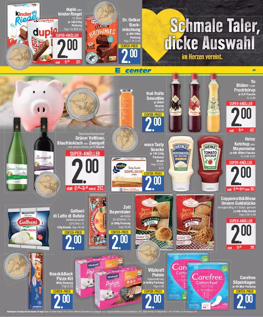 Aktueller Prospekt E Center - Angebote der Woche - von 28.08 bis 02.09.2023 - strona 13 - produkty: backmischung, beutel, Blüte, carefree, coppenrath, di bufala, Dr. Oetker, duplo, eis, ente, flasche, frucht, galbani, Goldstücke, grüner veltliner, heinz, katzennahrung, ketchup, Kinder, kinder riegel, kraft, latte, mayonnaise, mozzarella, pizza, reis, rel, riegel, sirup, slip, slipeinlagen, smoothie, snack, snacks, super-knüller, Ti, vita, vitakraft, wasa, Yo, zott, ZTE, Zweigelt