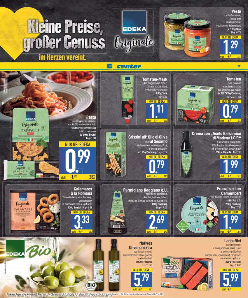 Aktueller Prospekt E Center - Angebote der Woche - von 28.08 bis 02.09.2023 - strona 17 - produkty: aceto, aceto balsamico, balsam, balsamico, beutel, blume, blumen, blumenöl, camembert, deka, di oliva, eis, elle, filet, fisch, flasche, geback, genovese, gin, grissini, hartweizen, Hefe, lachs, lachsfilet, mac, Mode, natives olivenöl, olive, oliven, olivenöl, olivenöl extra, parmigiano, parmigiano reggiano, pasta, pesto, reggiano, reis, rind, ring, rwe, sesam, sonnenblume, sonnenblumen, sonnenblumenöl, Ti, Tintenfischringe, tisch, tomate, tomaten, trauben, trolli, ZTE