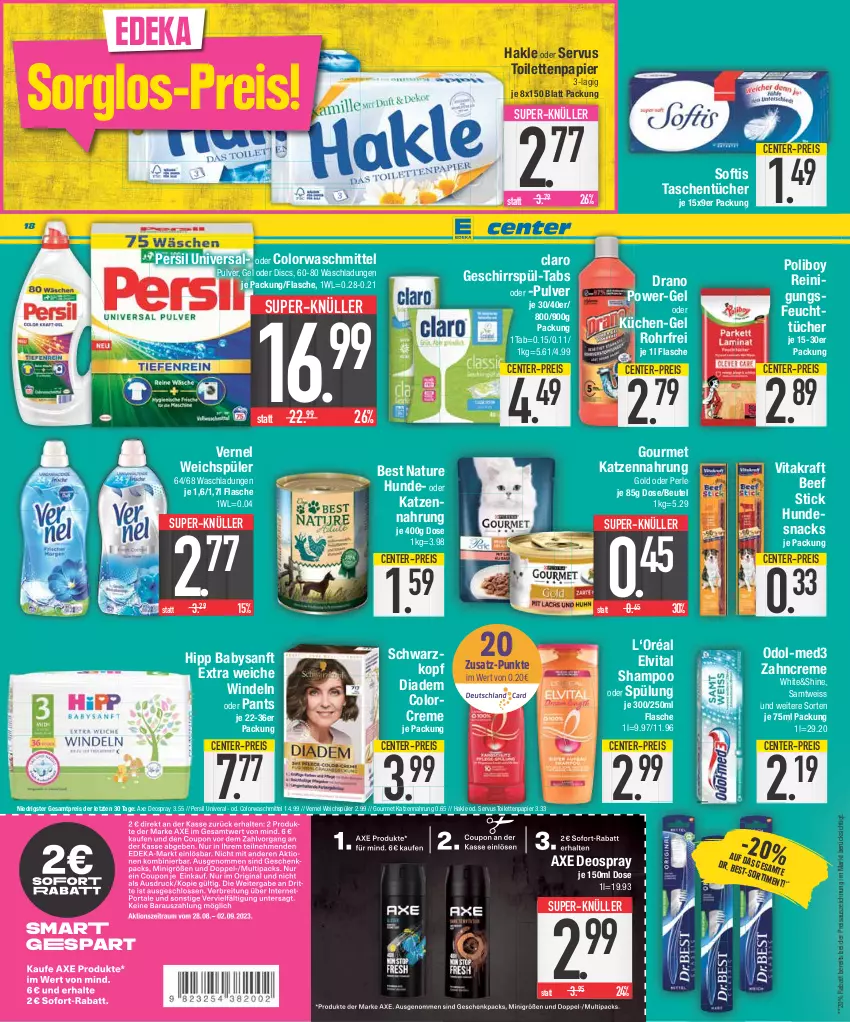 Aktueller Prospekt E Center - Angebote der Woche - von 28.08 bis 02.09.2023 - strona 18 - produkty: axe, beef, beutel, colorwaschmittel, creme, deka, deo, deospray, diadem, eis, elvital, ente, feuchttücher, flasche, geschirr, hakle, hipp, hundesnack, hundesnacks, katzennahrung, kraft, küche, Küchen, natur, Odol, Pants, papier, persil, power-gel, Reinigung, reis, schwarzkop, schwarzkopf, shampoo, shampoo oder spülung, snack, snacks, spülung, super-knüller, Tasche, taschen, taschentücher, Ti, toilettenpapier, tücher, vernel, vita, vitakraft, waschmittel, weichspüler, windeln, windeln oder pants, zahncreme, ZTE