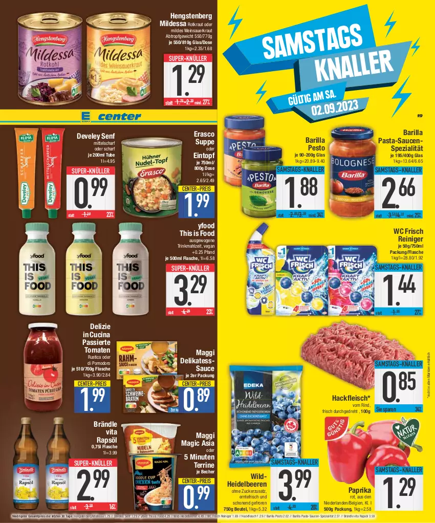 Aktueller Prospekt E Center - Angebote der Woche - von 28.08 bis 02.09.2023 - strona 19 - produkty: auer, barilla, Becher, beere, beeren, beutel, cin, develey, eintopf, eis, ente, erasco, flasche, fleisch, hackfleisch, heidelbeere, heidelbeeren, hengstenberg, Kraut, LG, maggi, paprika, paprika rot, pasta, pasta-sauce, pesto, rapsöl, reiniger, reis, rind, sauce, saucen, Sauerkraut, senf, Spezi, super-knüller, suppe, terrine, Ti, tomate, tomaten, topf, vita, wc frisch, wein, Weinsauerkraut, Wild, ZTE, zucker