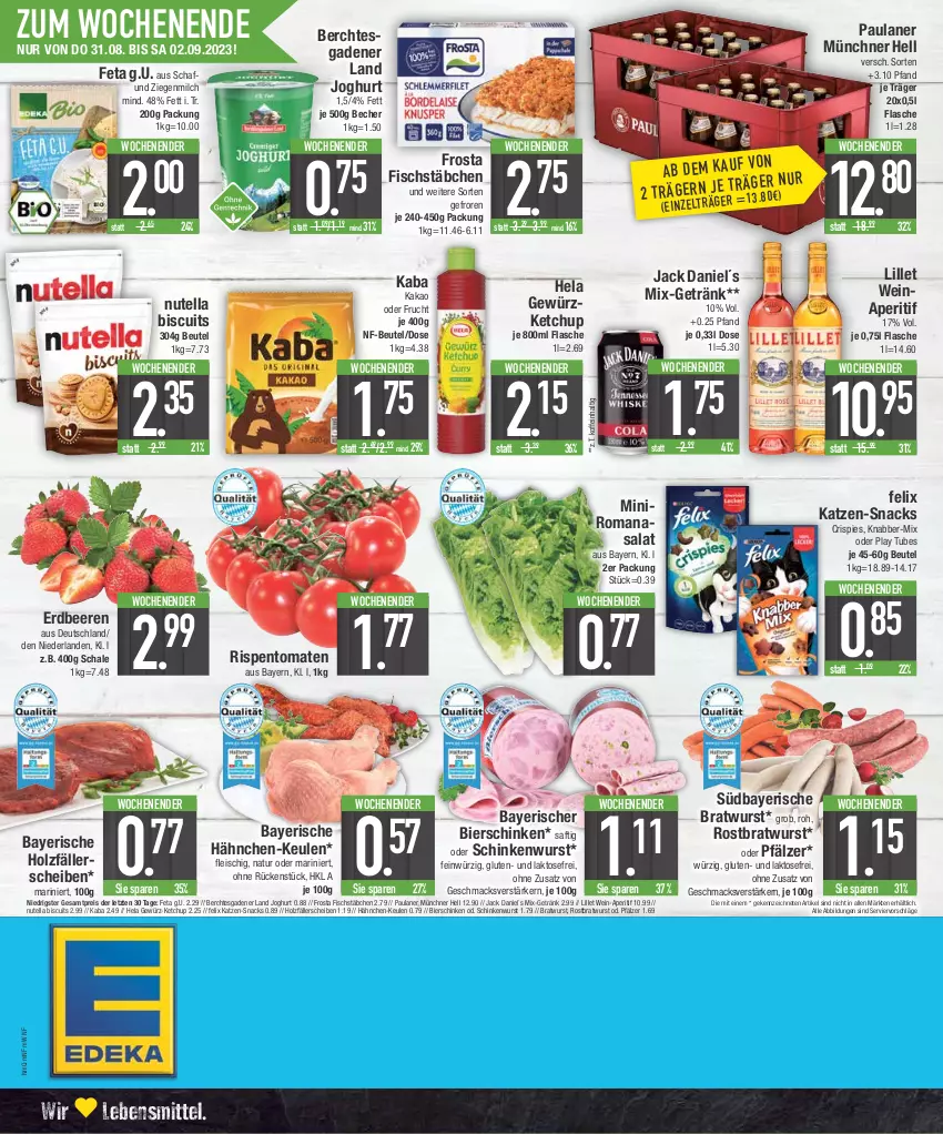 Aktueller Prospekt E Center - Angebote der Woche - von 28.08 bis 02.09.2023 - strona 20 - produkty: aperitif, Becher, beere, beeren, beutel, bier, bierschinken, bratwurst, eis, erdbeere, erdbeeren, felix, feta, fisch, fischstäbchen, flasche, fleisch, frosta, frucht, getränk, gewürz, gewürzketchup, Hela, Holz, jack daniel, joghur, joghurt, kakao, ketchup, lebensmittel, lillet, mac, milch, natur, nutella, Paula, paulaner, reis, rispentomaten, Romanasalat, rostbratwurst, saft, salat, Schal, Schale, schinken, schinkenwurst, snack, snacks, Ti, tomate, tomaten, wein, wurst, ZTE