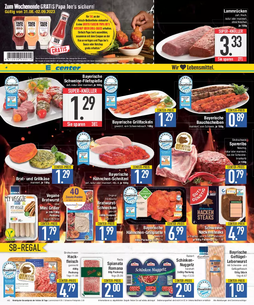 Aktueller Prospekt E Center - Angebote der Woche - von 28.08 bis 02.09.2023 - strona 4 - produkty: Bau, bauchscheiben, bratwurst, coupon, deka, eis, elle, ente, filet, filets, flasche, fleisch, Geflügel, gewürz, gin, grill, grillfackeln, Grillkäse, grillplatte, hackfleisch, hackfleisch gemischt, Käse, ketchup, kräuter, lamm, Lammrücken, latte, leberwurst, marinade, Nackensteak, nackensteaks, natur, oder kräuter, paprika, regal, reinert, reis, sauce, schinken, schnitzel, schwein, schweine, schweine-filet, Schweinebauch, schweinenacken, spareribs, steak, steaks, super-knüller, Ti, wein, weine, wurst, ZTE