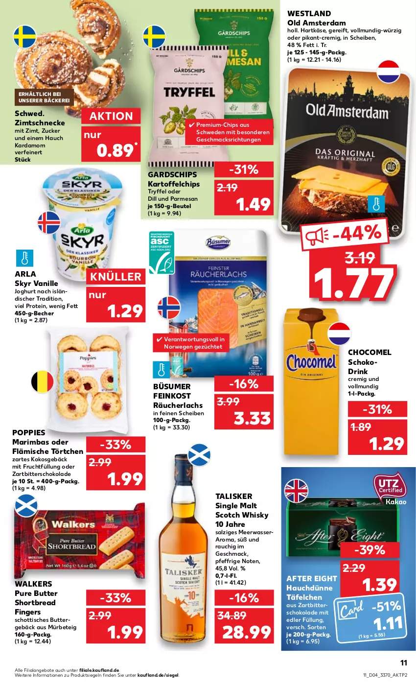 Aktueller Prospekt Kaufland - von 26.01 bis 01.02.2023 - strona 11 - produkty: after eight, angebot, angebote, arla, arla skyr, Becher, beutel, butter, chips, drink, feinkost, frucht, hartkäse, joghur, joghurt, joghurt nach, kartoffel, kartoffelchips, Käse, kokos, lachs, mac, Meerwasser, mit frucht, Old Amsterdam, Popp, Rauch, Räucherlachs, rwe, salz, schoko, schokolade, schott, scotch, scotch whisky, single malt, Skyr, Ti, tisch, Törtchen, vanille, wasser, whisky, Zartbitterschokolade, zucker