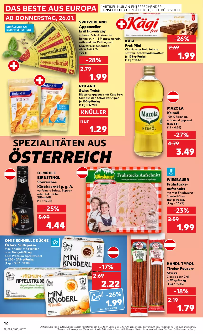 Aktueller Prospekt Kaufland - von 26.01 bis 01.02.2023 - strona 12 - produkty: angebot, apfel, Apfelstrudel, appenzeller, auer, aufschnitt, aufstrich, Bau, Bauer, blätterteig, blätterteiggebäck, chili, eis, elle, Kägi, Käse, keimöl, kräuter, küche, Kürbis, Kürbiskernöl, mazola, milch, salat, salate, salz, schnittkäse, schoko, schokolade, schokoladen, Spezi, Strudel, suppe, suppen, Ti, waffeln, wiesbauer, wurst, ZTE