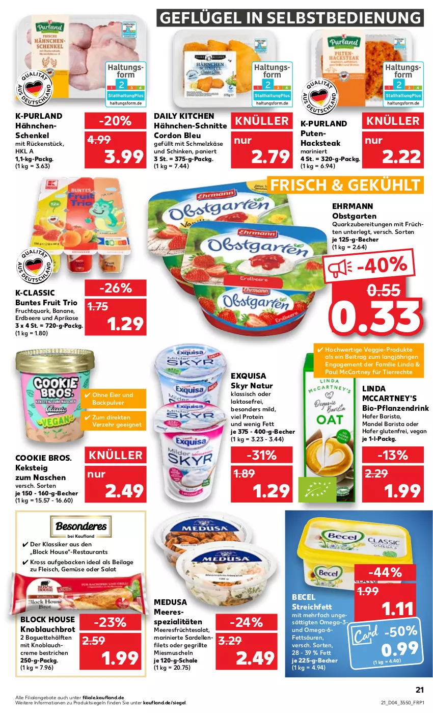 Aktueller Prospekt Kaufland - von 26.01 bis 01.02.2023 - strona 21 - produkty: angebot, angebote, aprikose, baguette, banane, becel, Becher, beere, bio, brot, cookie, cordon bleu, creme, dell, drink, ehrmann, eier, eis, elle, erdbeere, exquisa, filet, filets, fleisch, frucht, früchte, früchten, Fruchtquark, Garten, geback, Geflügel, grill, hafer, hähnchenschenkel, henkel, ilag, Käse, keks, knoblauch, Knoblauchcreme, mandel, meeresfrüchte, mit knoblauch, Muscheln, natur, obst, obstgarten, omega, Omega-3, pflanze, pflanzen, purland, pute, Putenhacksteak, quark, salat, Sardellen, Schal, Schale, schenkel, schinken, Schmelzkäse, Skyr, Spezi, steak, tesa, Ti, veggie