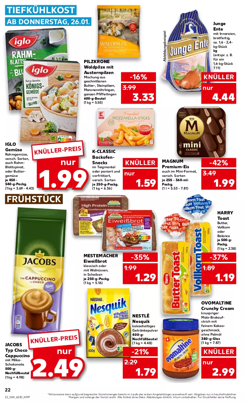 Aktueller Prospekt Kaufland - von 26.01 bis 01.02.2023 - strona 22 - produkty: angebot, aufstrich, aust, Austern, backofen, beutel, blattspinat, brot, brotaufstrich, butter, Cap, cappuccino, cin, eis, Eiweißbrot, ente, getränk, getränke, getränkepulver, iglo, jacobs, kakao, korn, krone, mac, magnum, malz, Mantel, mestemacher, milka, nesquik, nestlé, Ofen, Ofensnack, ohne palmöl, ovomaltine, Pfifferlinge, pilze, Rahmgemüse, schnitten, schoko, snack, snacks, spinat, Steinpilze, Ti, tiefkühlkost, toast, ZTE