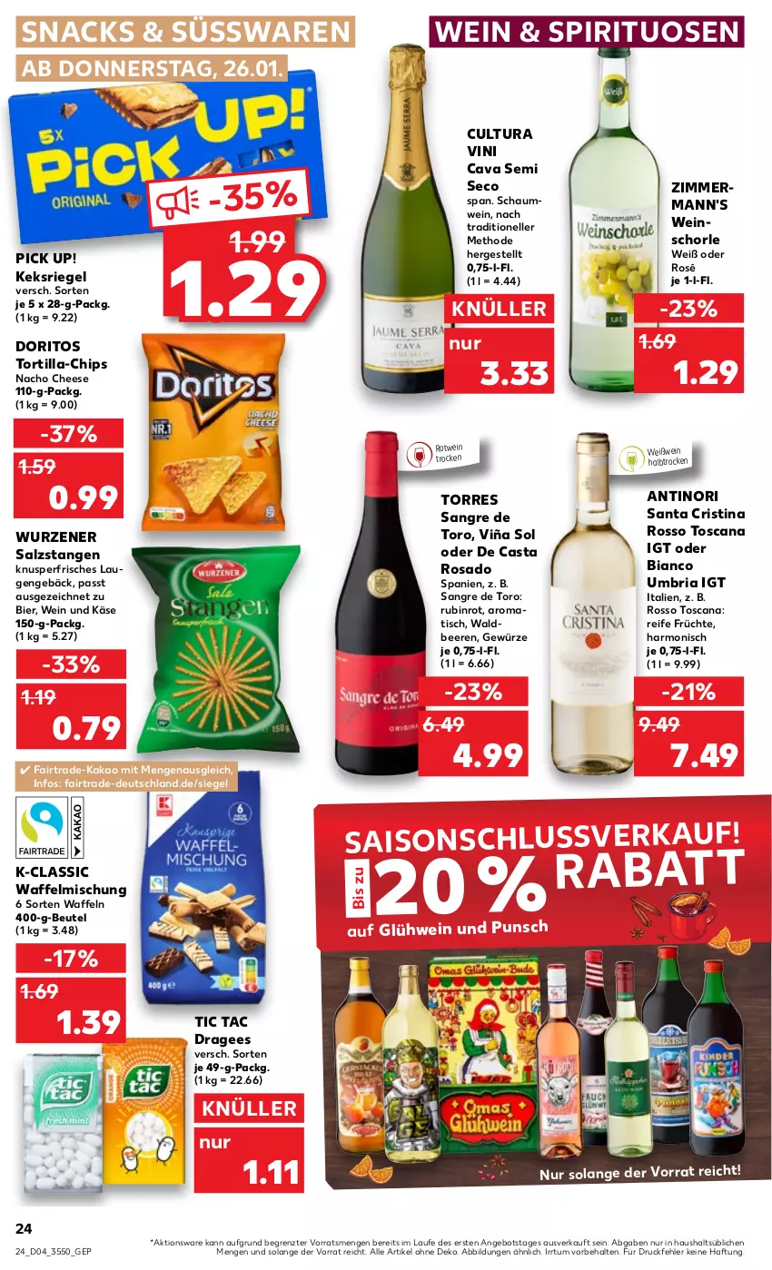 Aktueller Prospekt Kaufland - von 26.01 bis 01.02.2023 - strona 24 - produkty: angebot, beere, beeren, beutel, bier, Cava, chips, Doritos, elle, früchte, gewürz, Glühwein, kakao, Käse, keks, nacho, nacho cheese, Pick Up!, Ria, riegel, rotwein, Rubin, salz, Salzstange, Salzstangen, schorle, snack, snacks, spirituosen, süsswaren, Ti, tisch, tortilla, waffeln, wein, Weißwein, ZTE